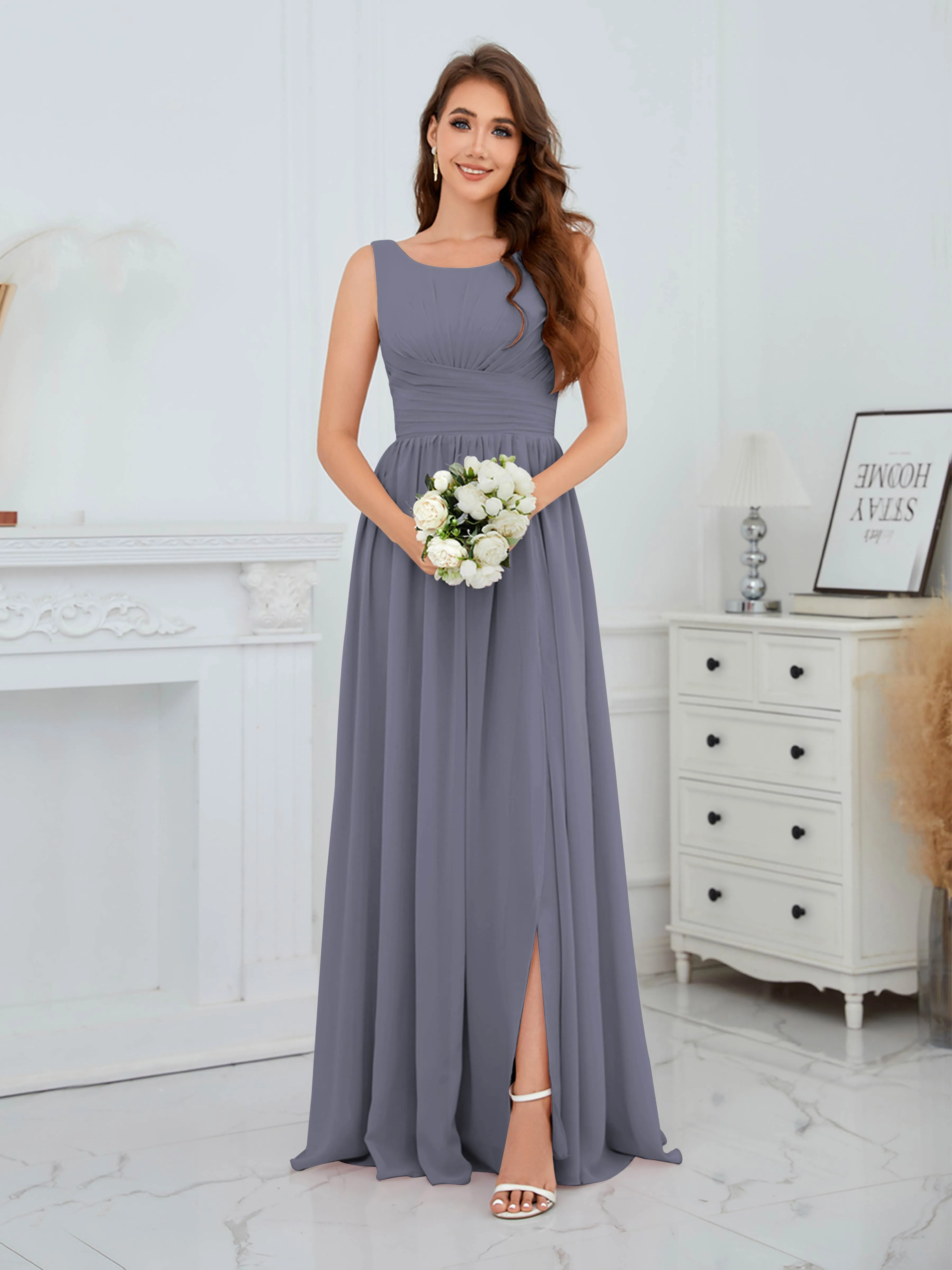 Elaine Chic Scoop Sleeveless Ruched Floor Length Chiffon Bridesmaid Dresses