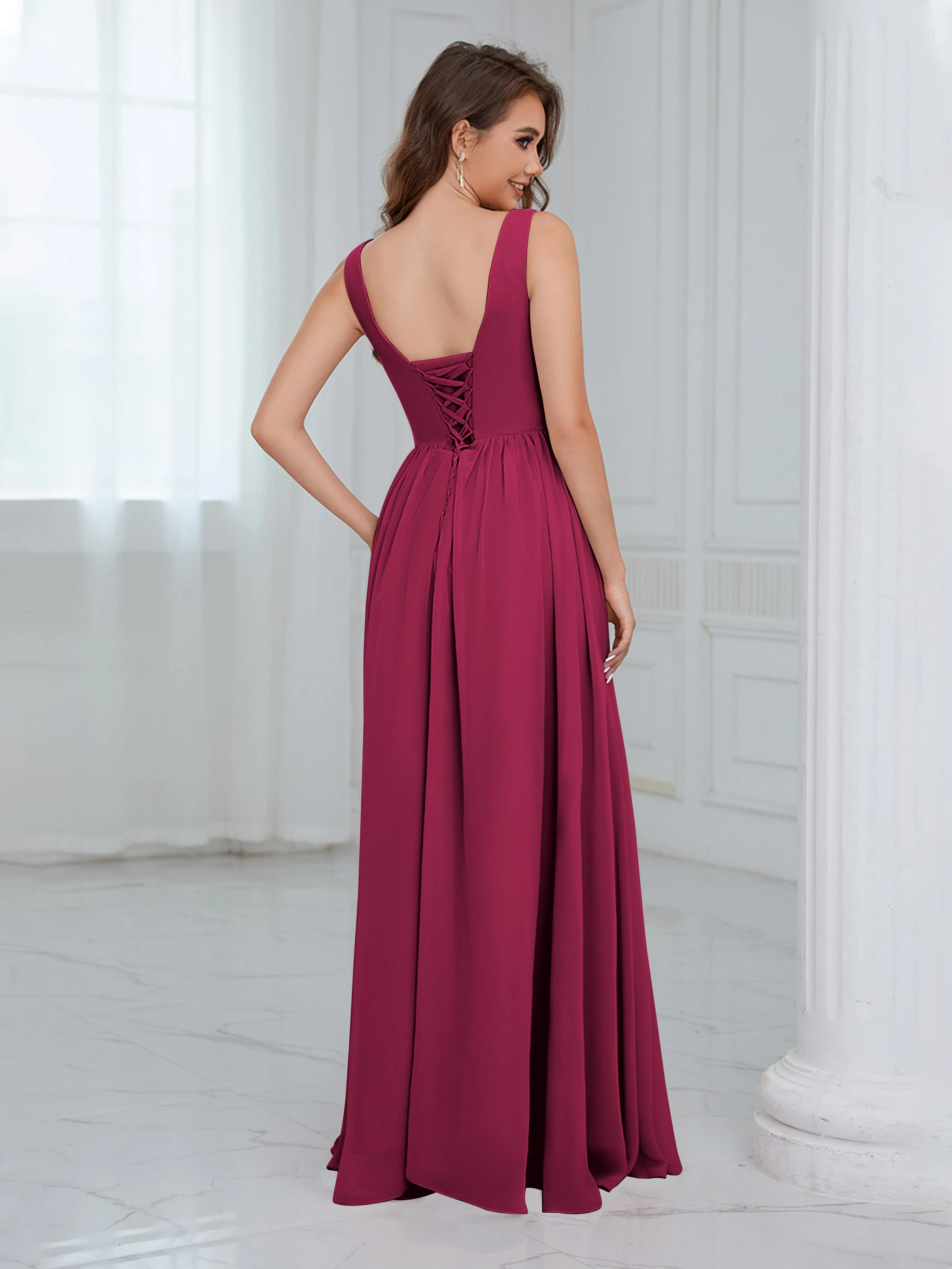 Elaine Chic Scoop Sleeveless Ruched Floor Length Chiffon Bridesmaid Dresses