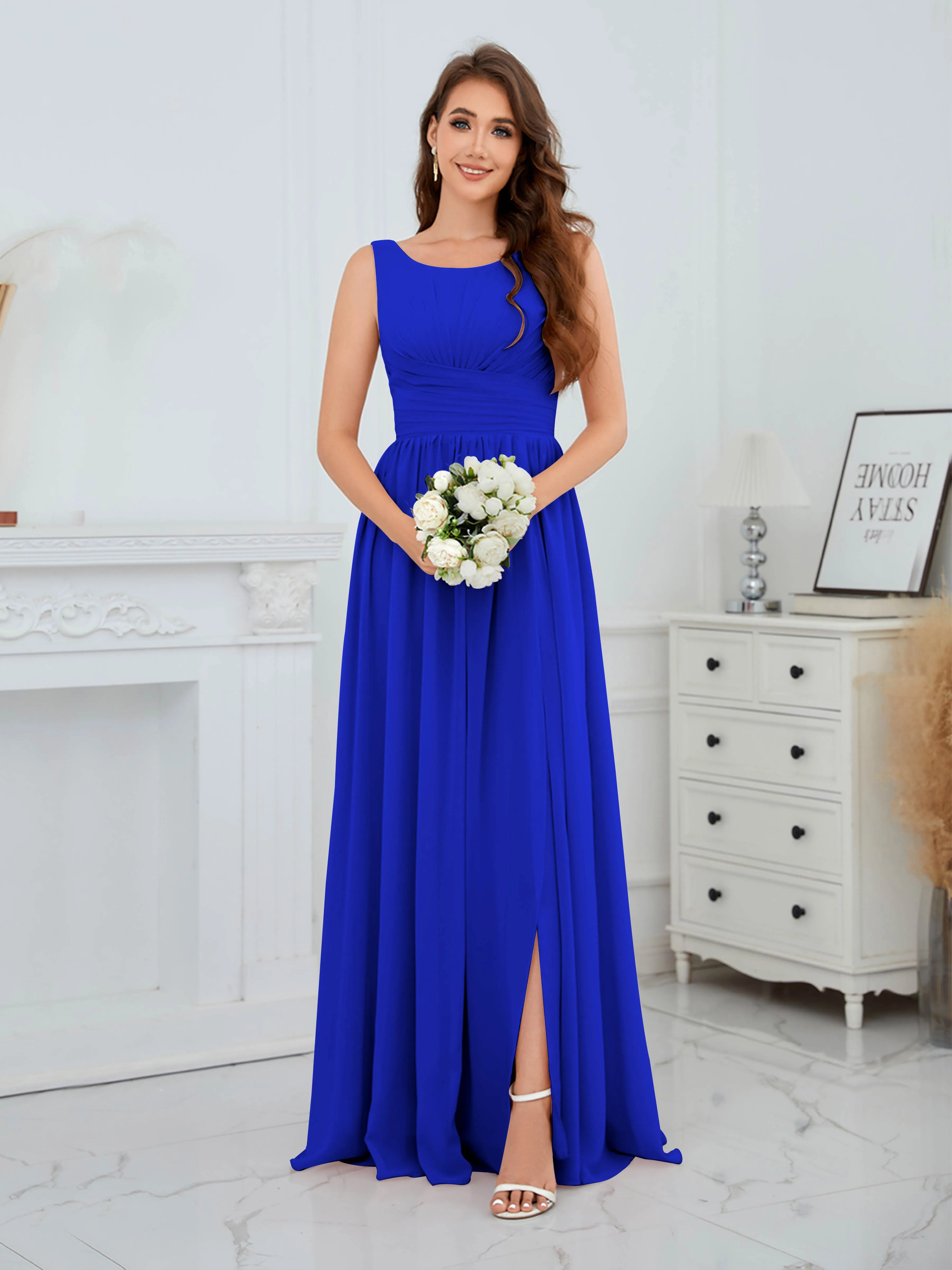 Elaine Chic Scoop Sleeveless Ruched Floor Length Chiffon Bridesmaid Dresses