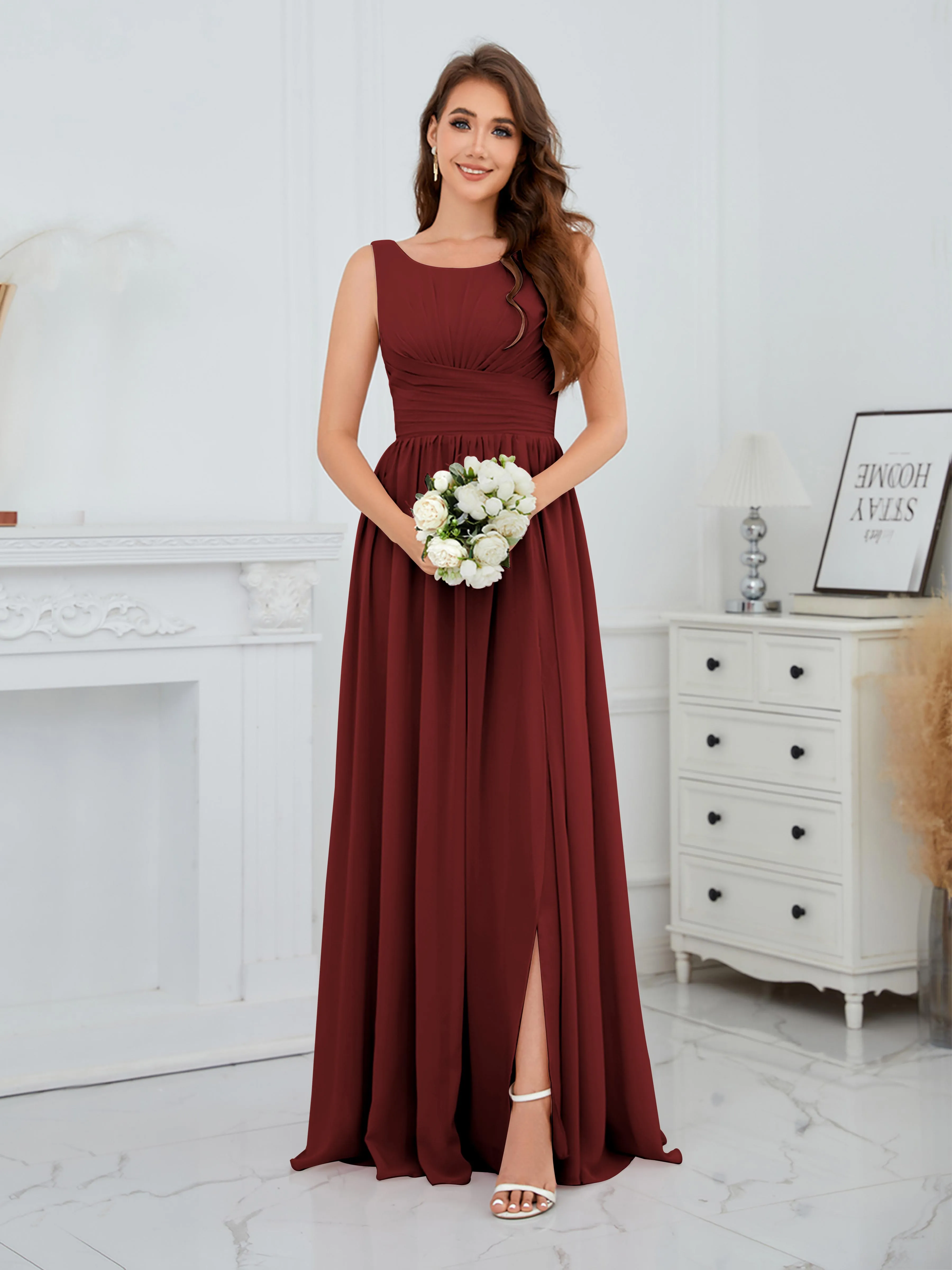 Elaine Chic Scoop Sleeveless Ruched Floor Length Chiffon Bridesmaid Dresses