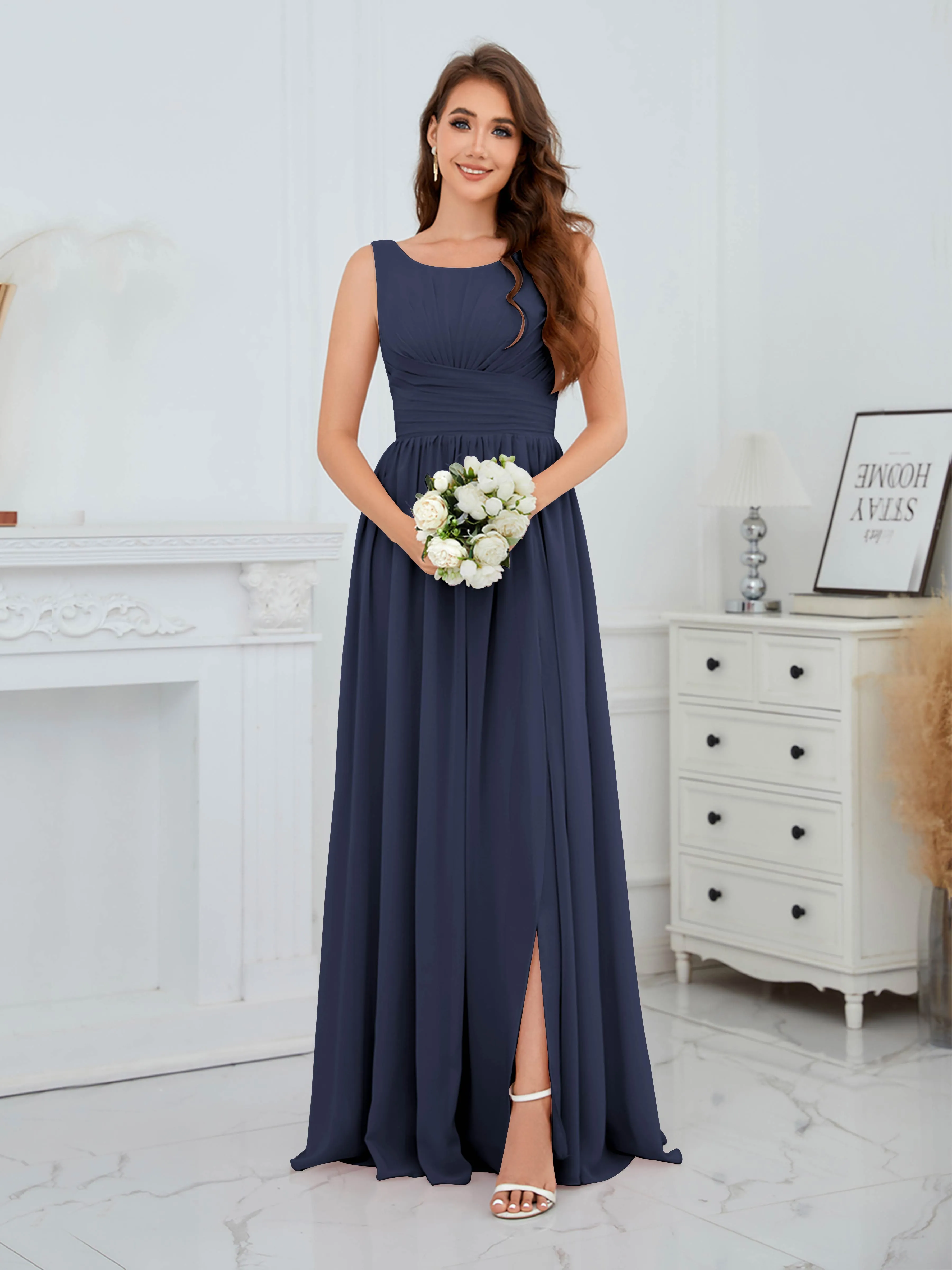 Elaine Chic Scoop Sleeveless Ruched Floor Length Chiffon Bridesmaid Dresses