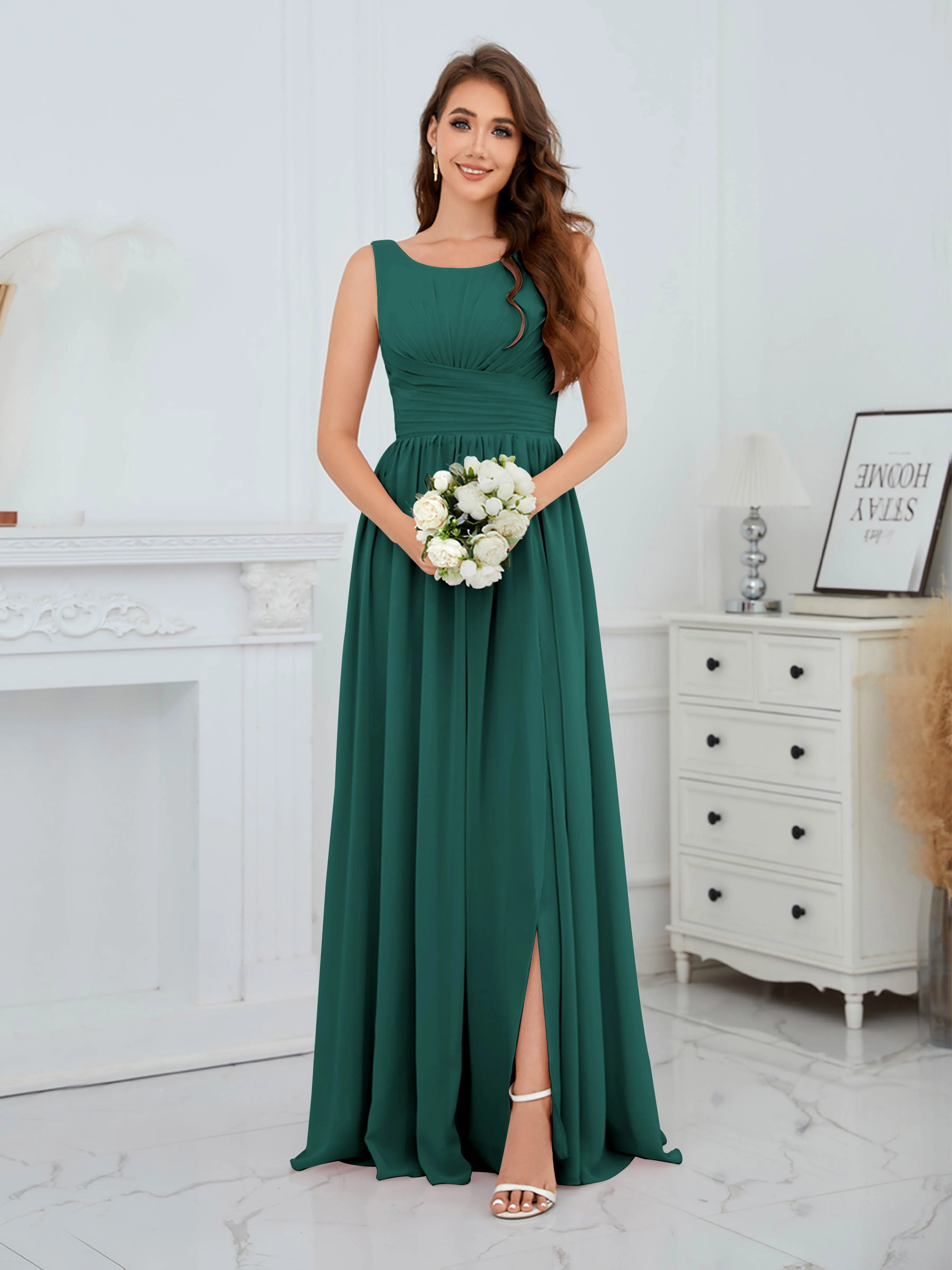 Elaine Chic Scoop Sleeveless Ruched Floor Length Chiffon Bridesmaid Dresses