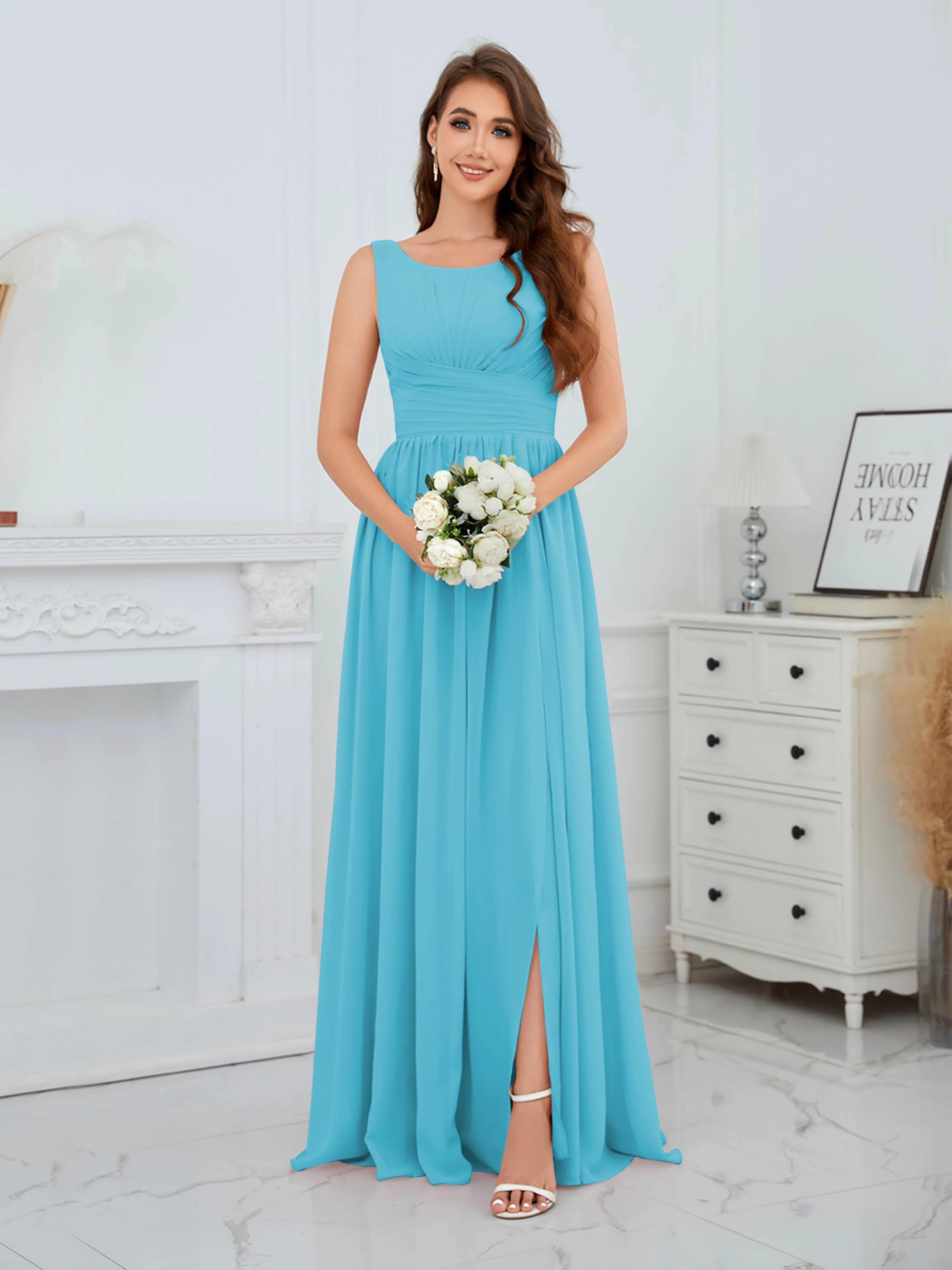 Elaine Chic Scoop Sleeveless Ruched Floor Length Chiffon Bridesmaid Dresses