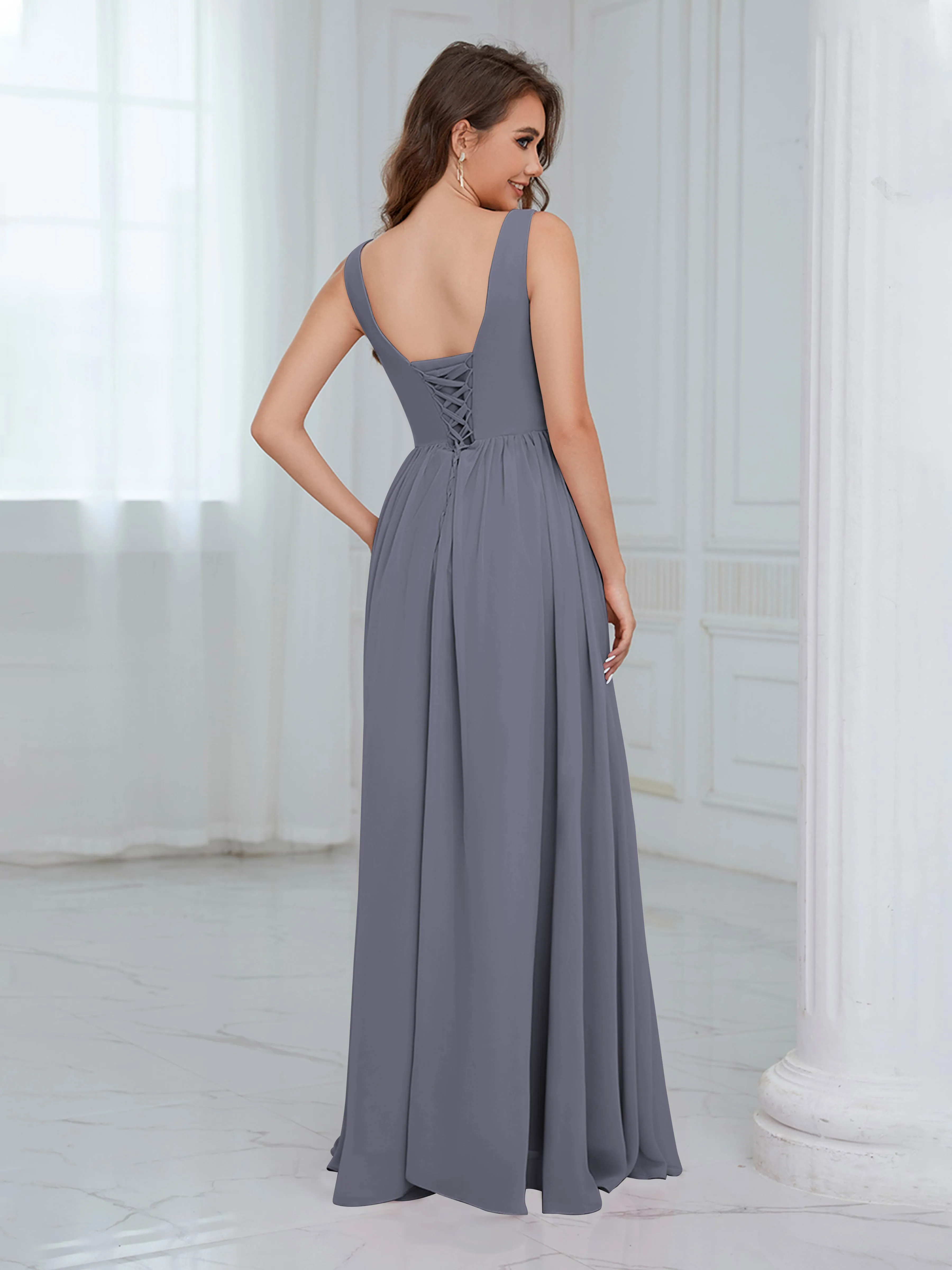 Elaine Chic Scoop Sleeveless Ruched Floor Length Chiffon Bridesmaid Dresses