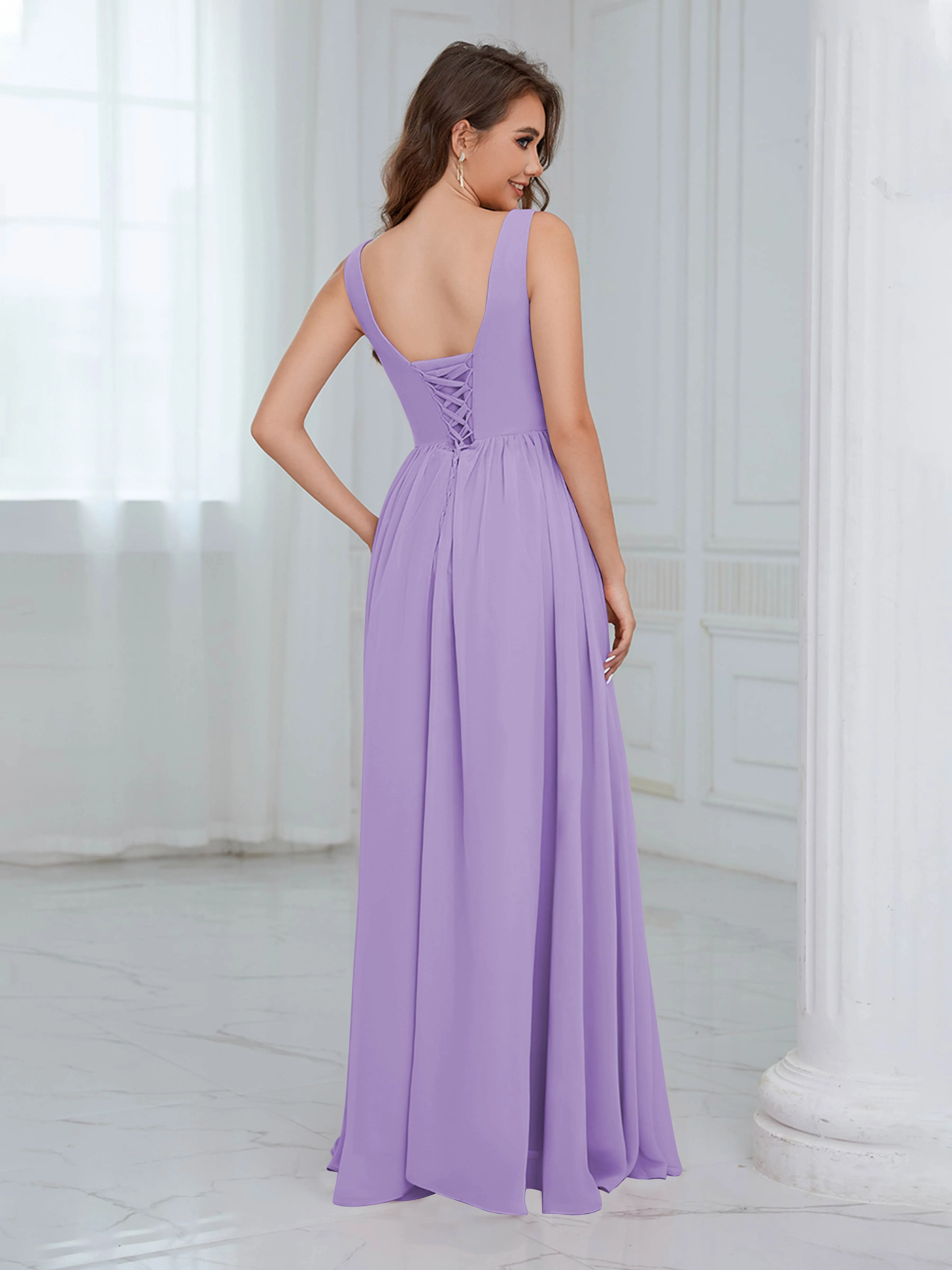 Elaine Chic Scoop Sleeveless Ruched Floor Length Chiffon Bridesmaid Dresses