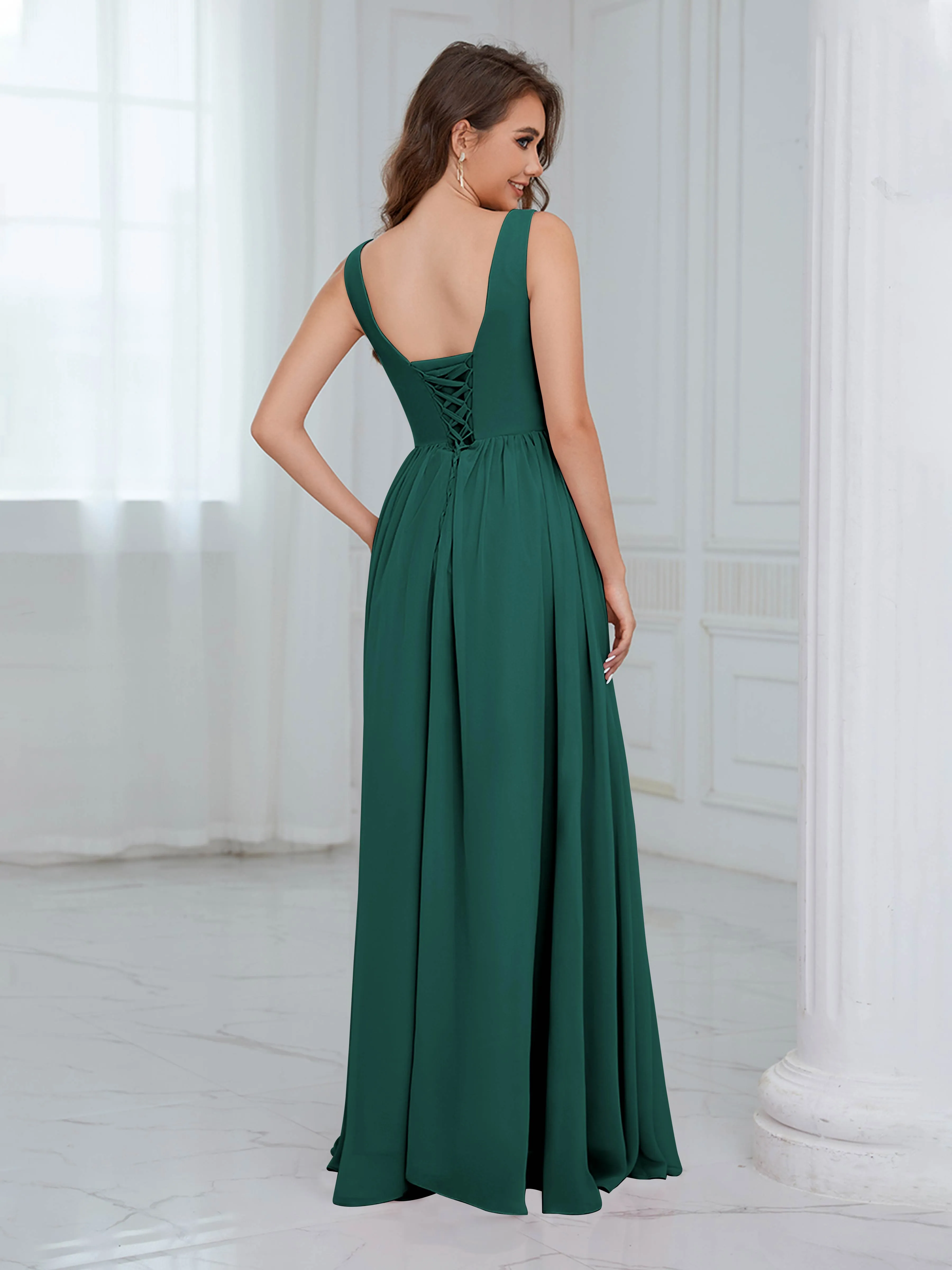 Elaine Chic Scoop Sleeveless Ruched Floor Length Chiffon Bridesmaid Dresses