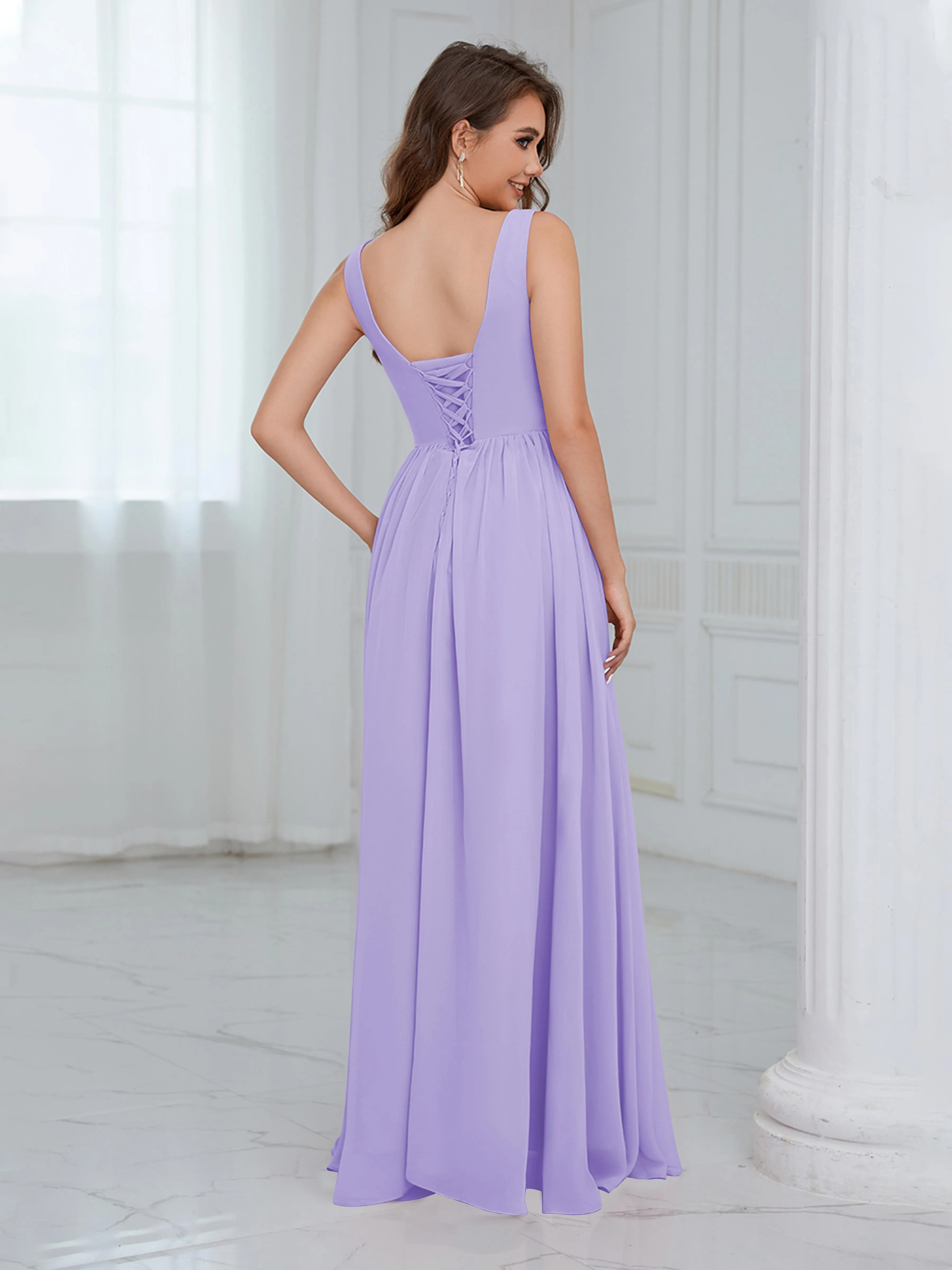 Elaine Chic Scoop Sleeveless Ruched Floor Length Chiffon Bridesmaid Dresses