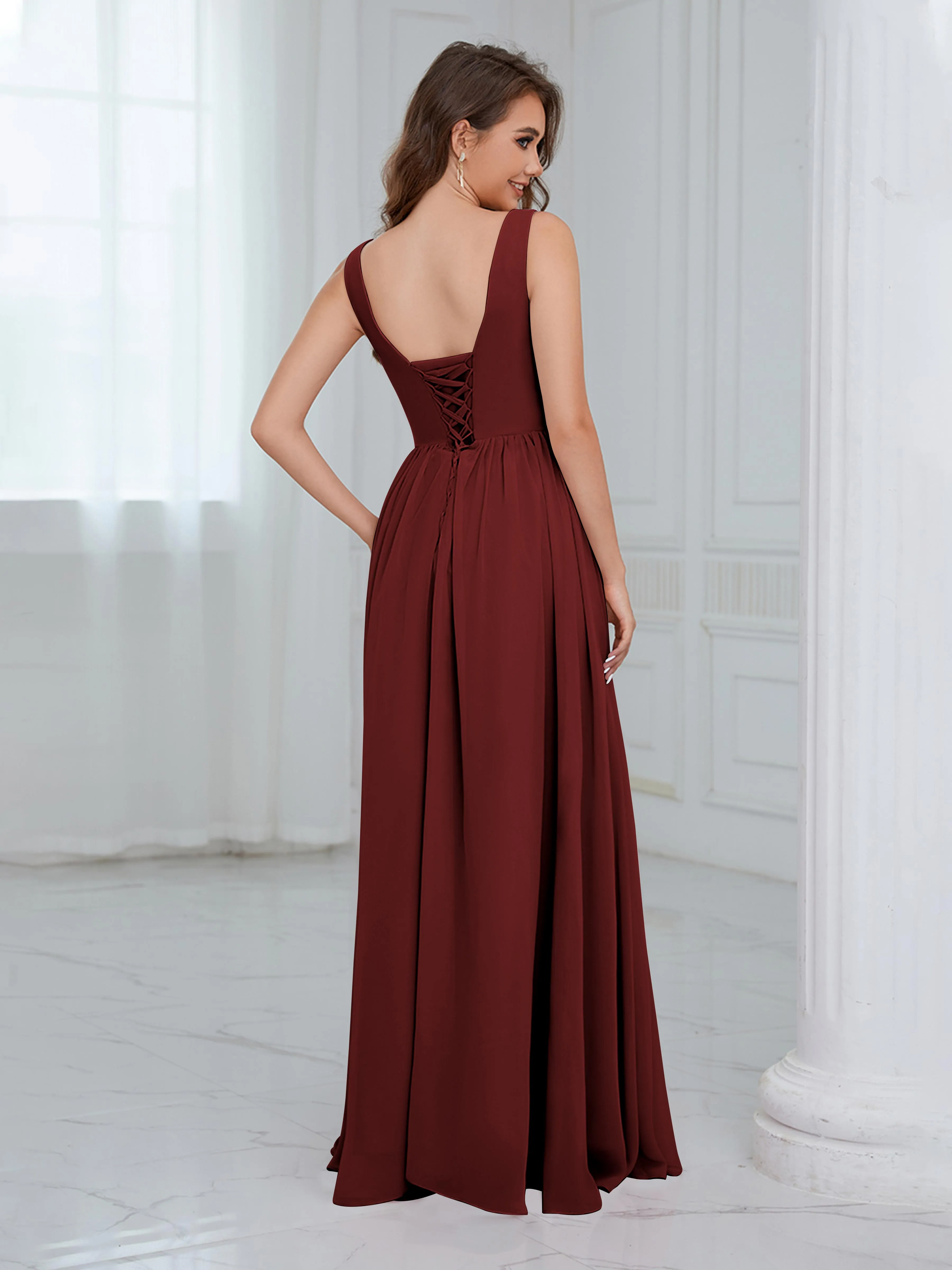 Elaine Chic Scoop Sleeveless Ruched Floor Length Chiffon Bridesmaid Dresses