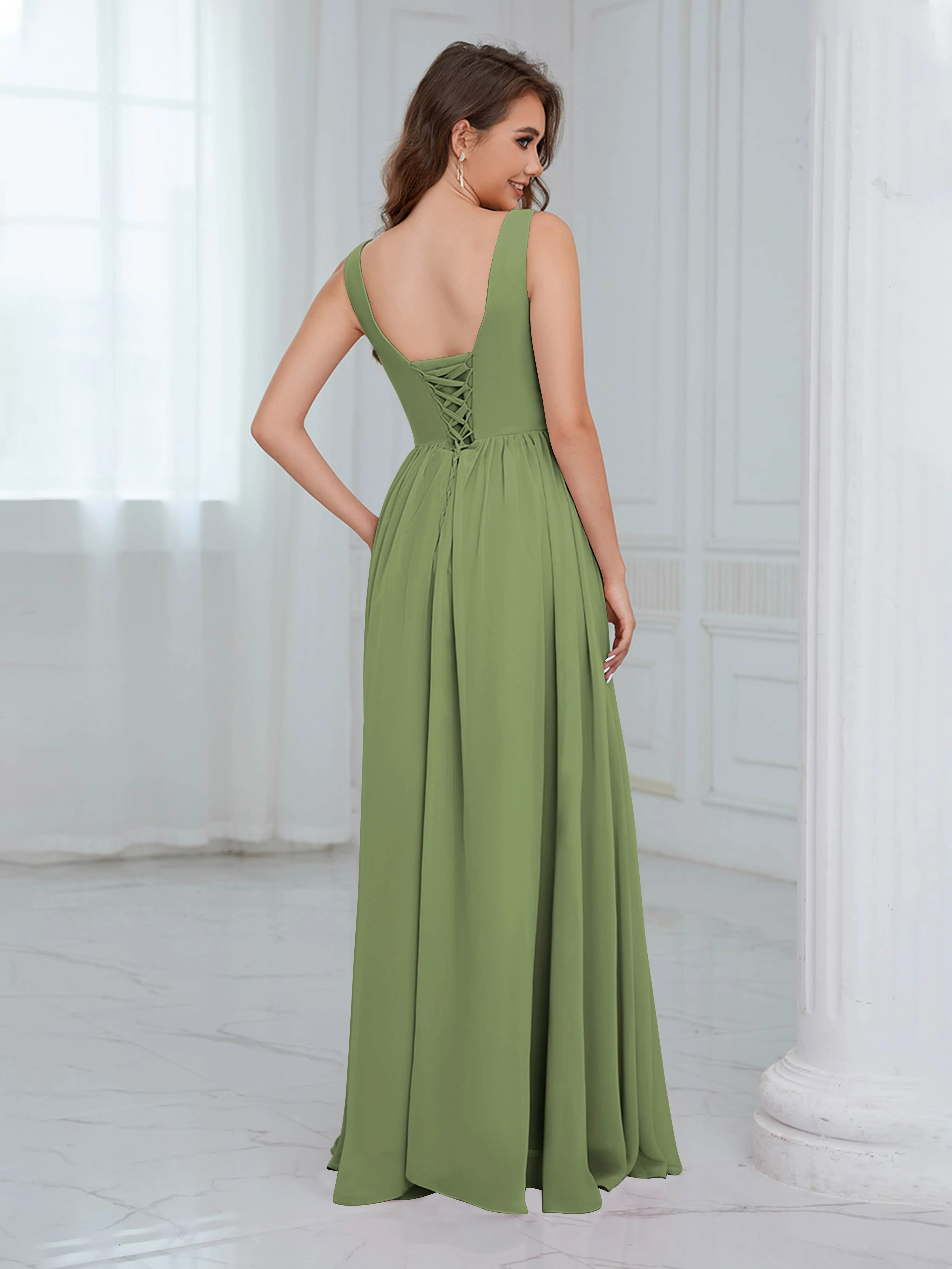Elaine Chic Scoop Sleeveless Ruched Floor Length Chiffon Bridesmaid Dresses