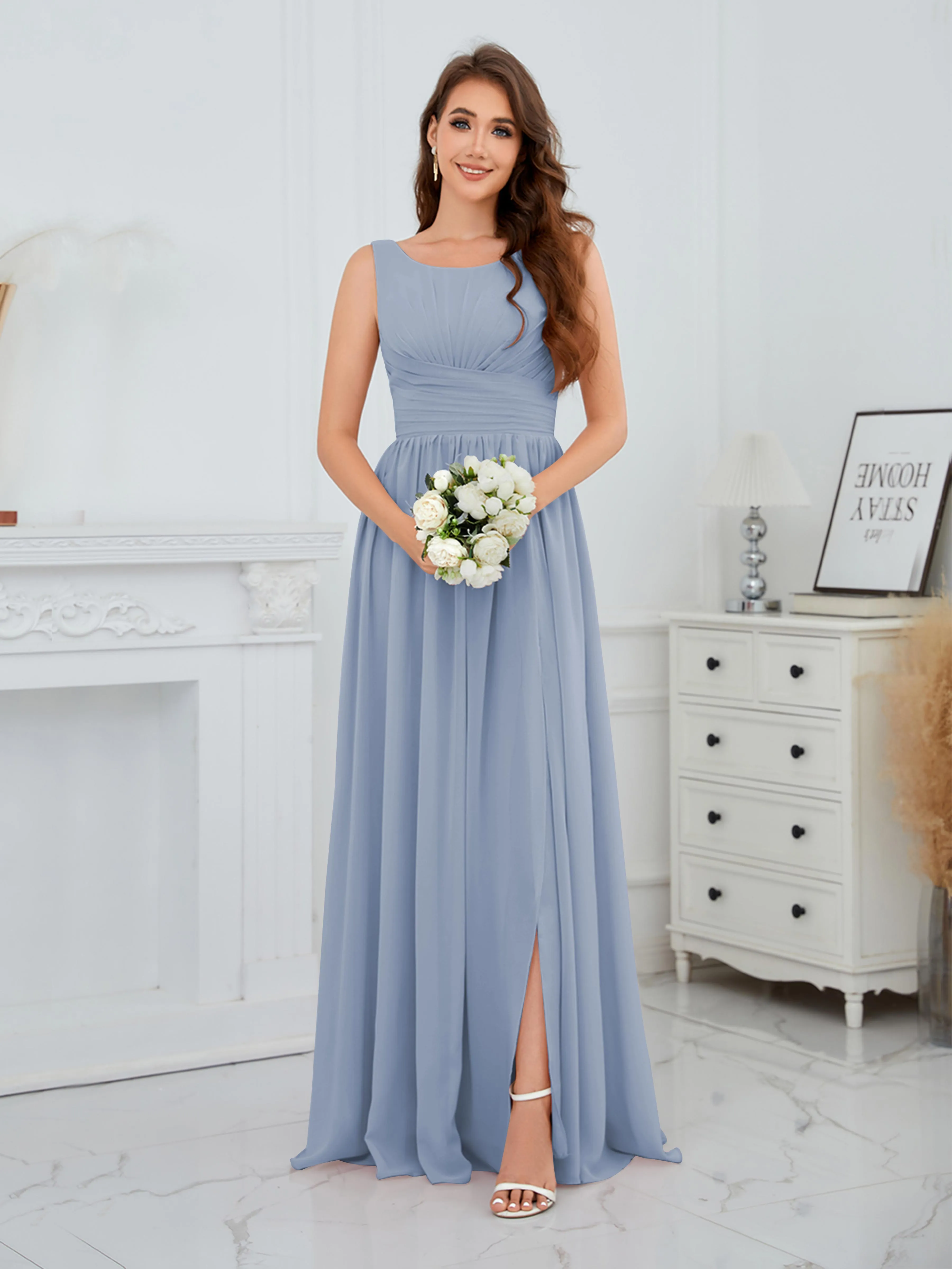 Elaine Chic Scoop Sleeveless Ruched Floor Length Chiffon Bridesmaid Dresses