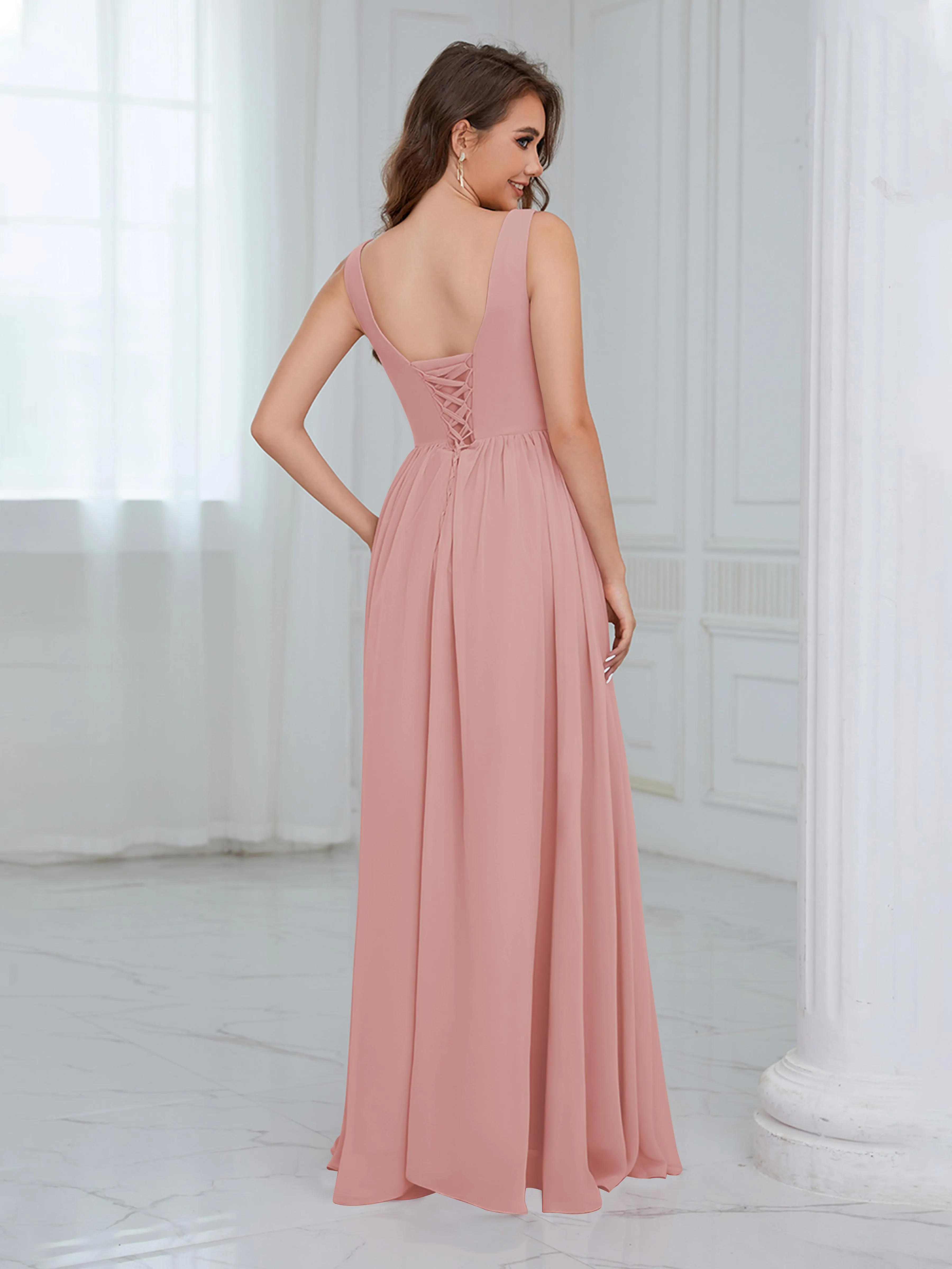 Elaine Chic Scoop Sleeveless Ruched Floor Length Chiffon Bridesmaid Dresses
