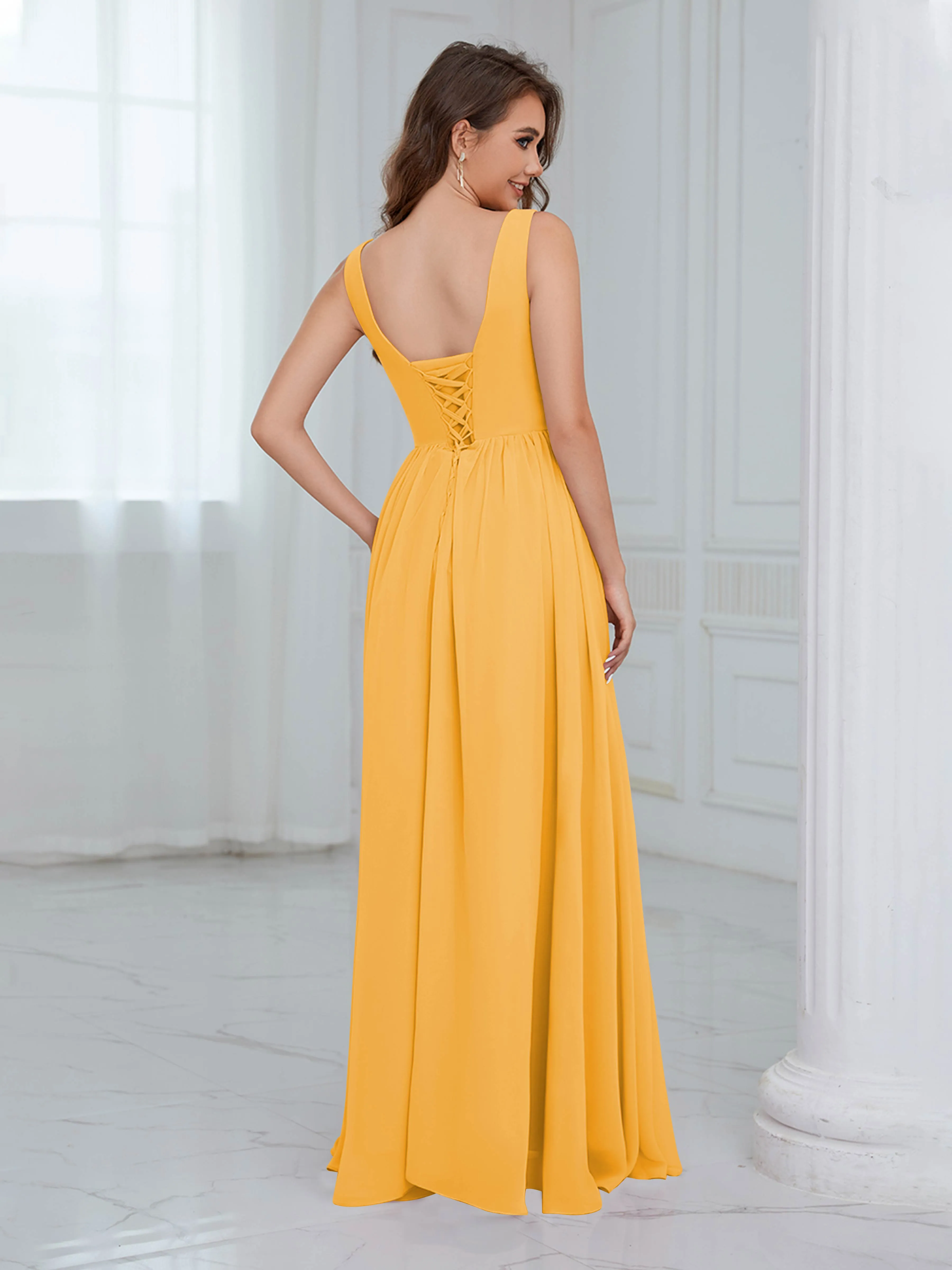 Elaine Chic Scoop Sleeveless Ruched Floor Length Chiffon Bridesmaid Dresses