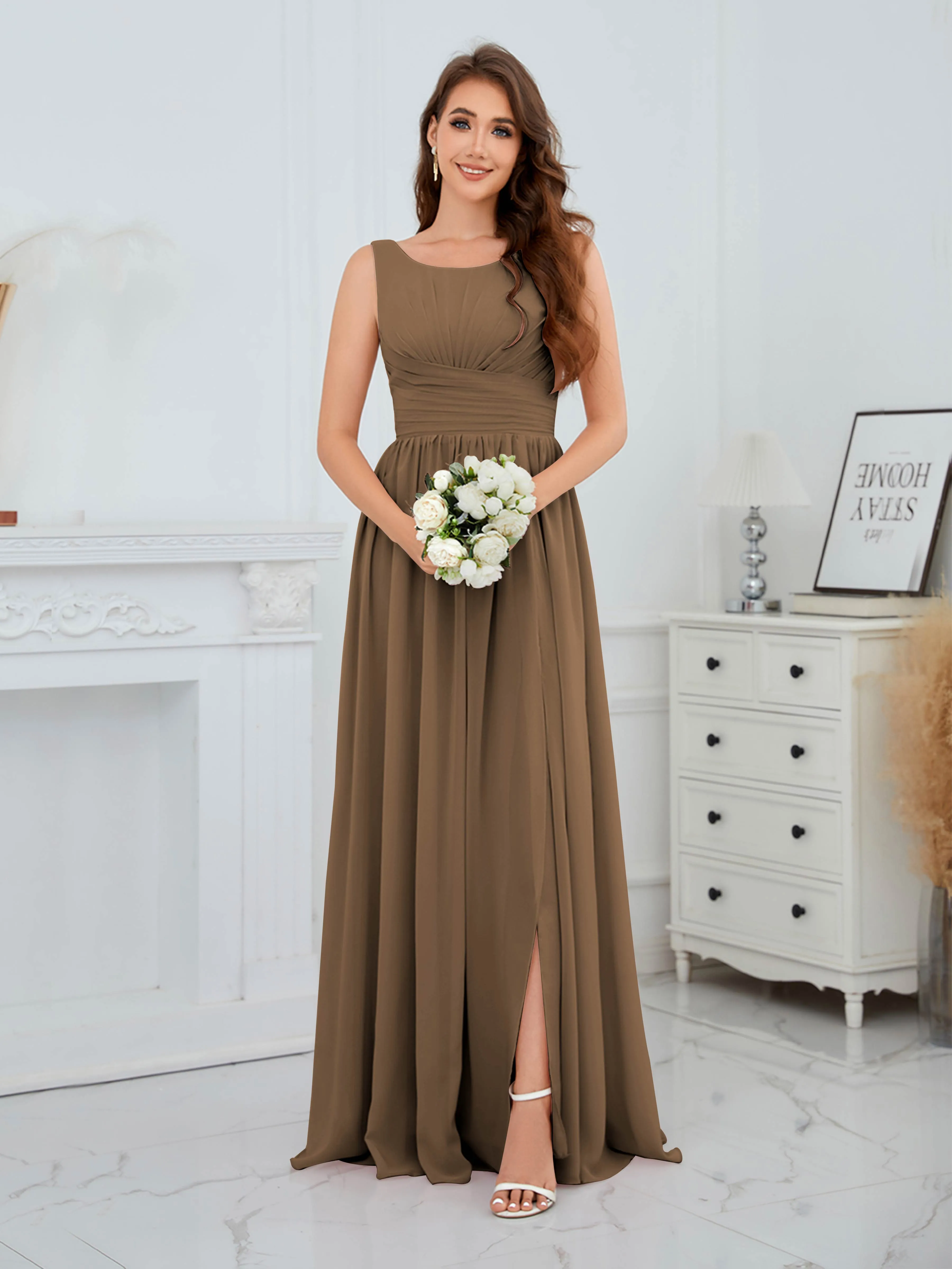 Elaine Chic Scoop Sleeveless Ruched Floor Length Chiffon Bridesmaid Dresses