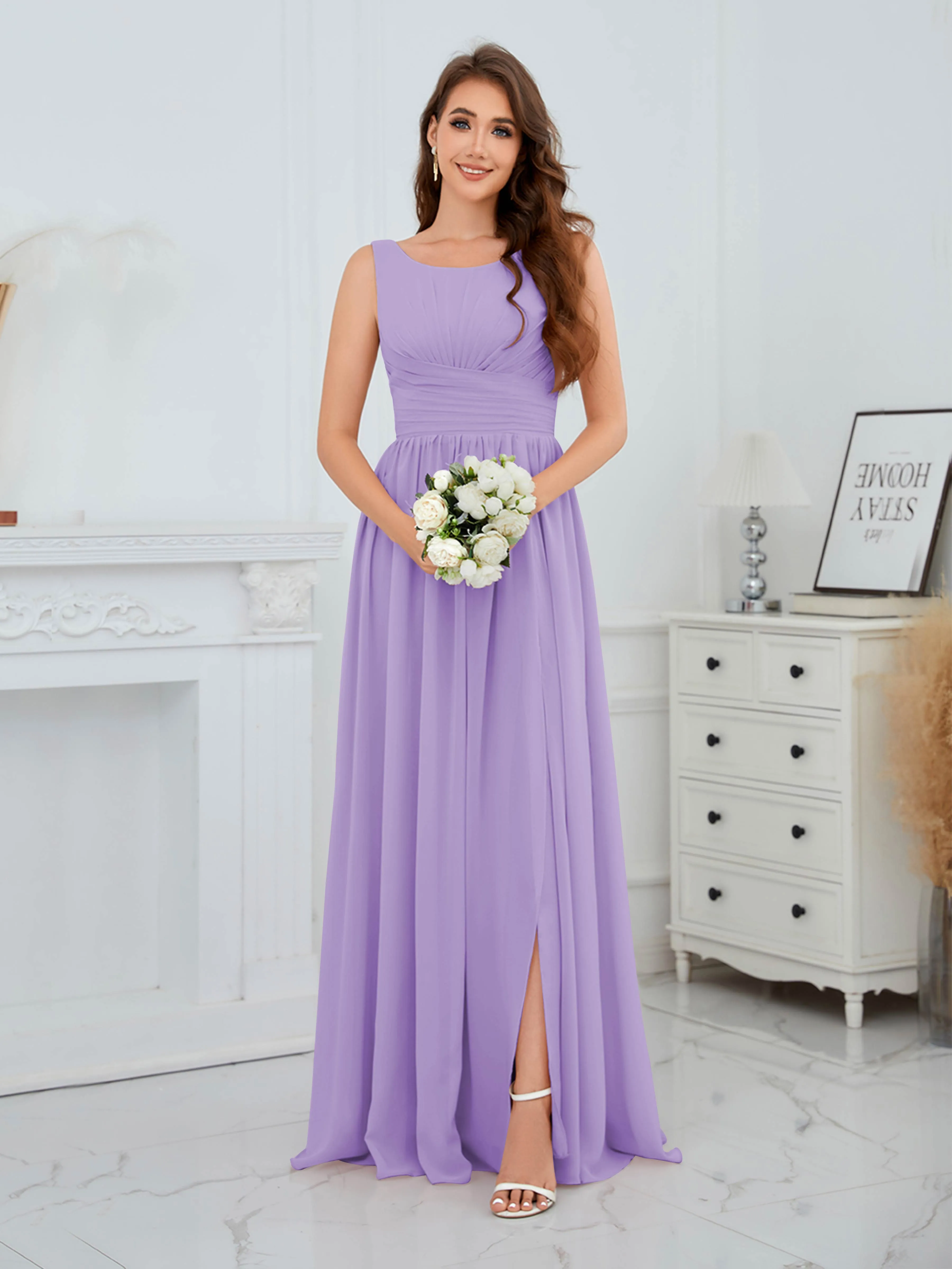 Elaine Chic Scoop Sleeveless Ruched Floor Length Chiffon Bridesmaid Dresses
