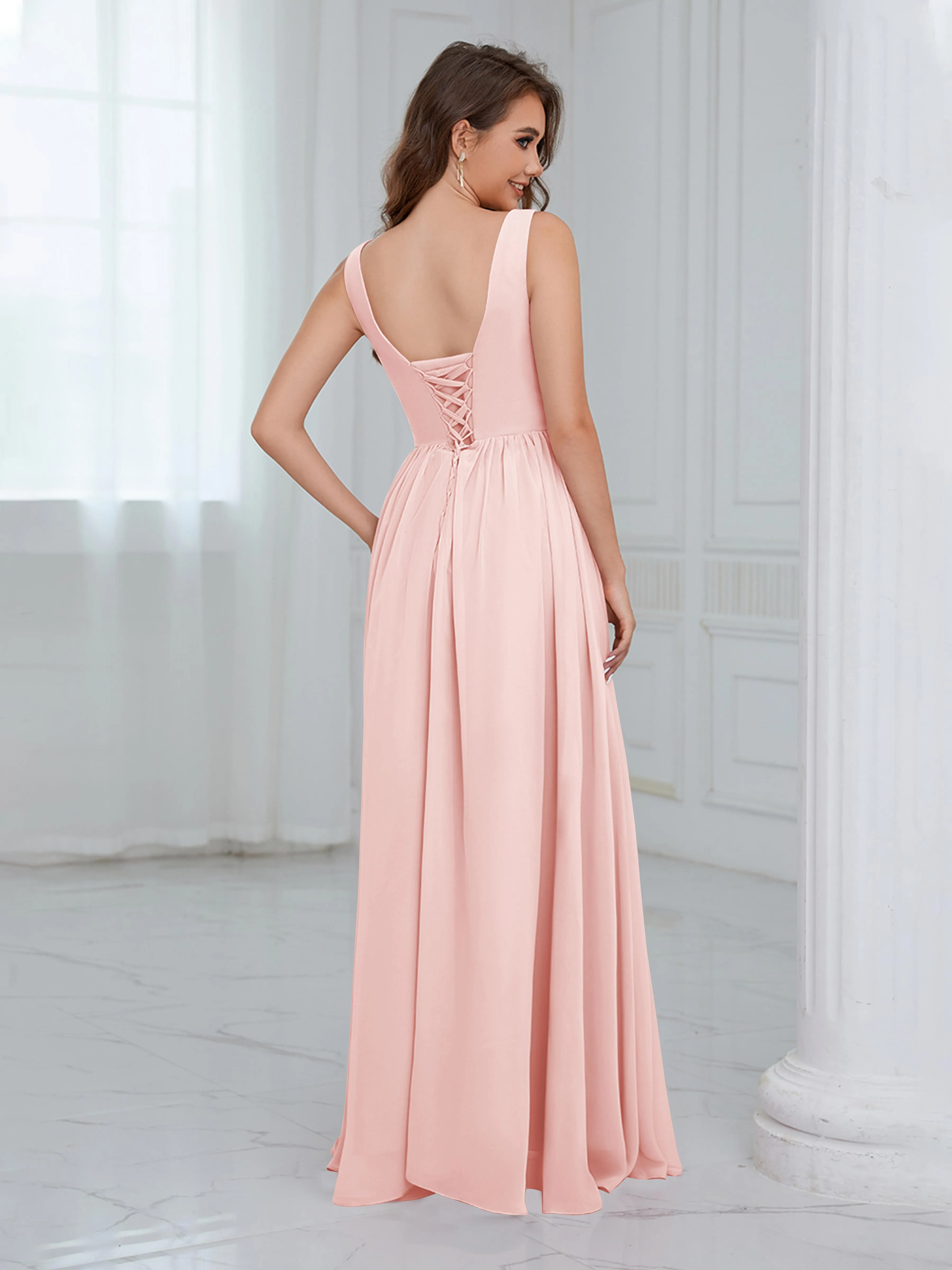Elaine Chic Scoop Sleeveless Ruched Floor Length Chiffon Bridesmaid Dresses