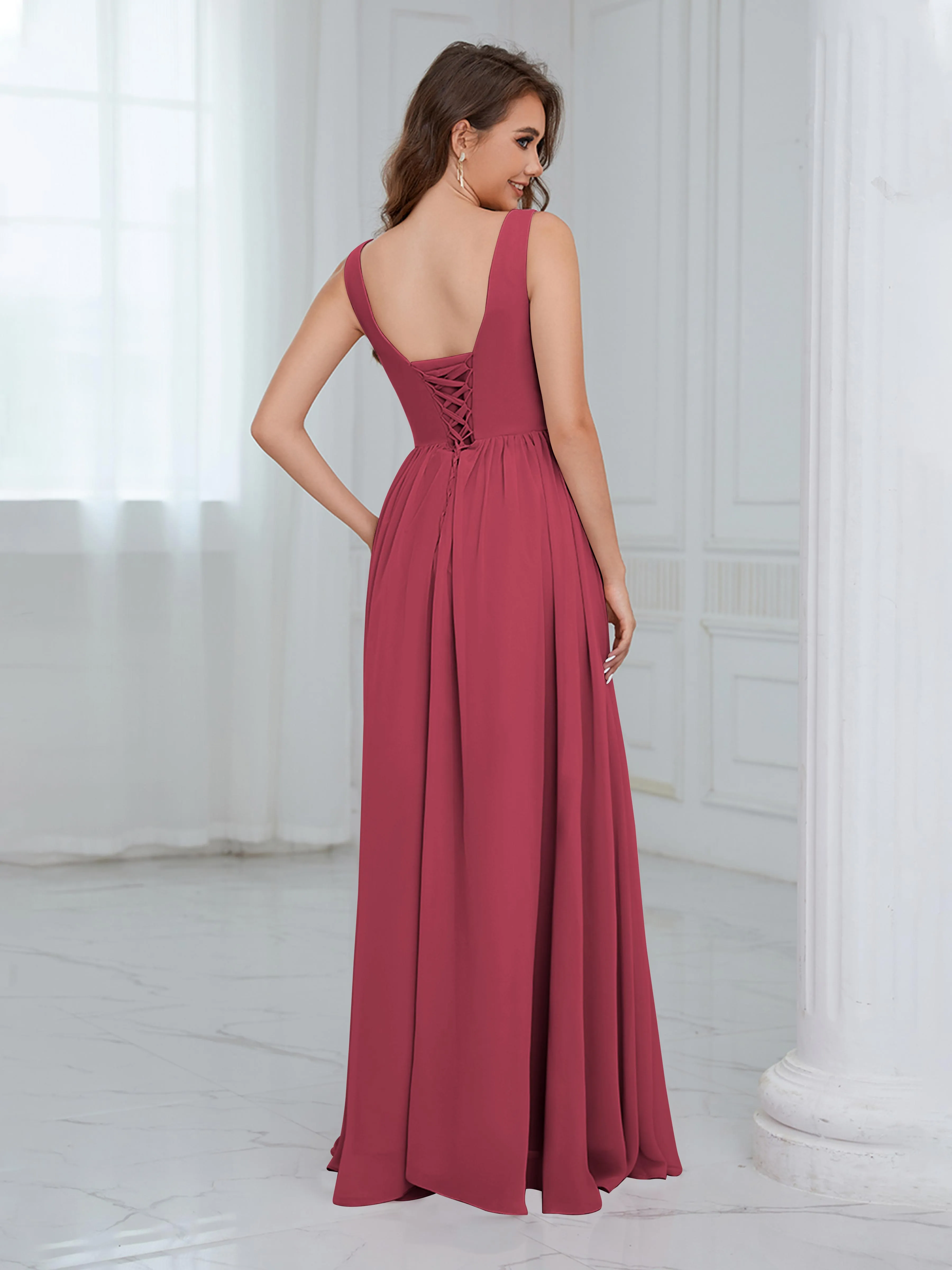 Elaine Chic Scoop Sleeveless Ruched Floor Length Chiffon Bridesmaid Dresses