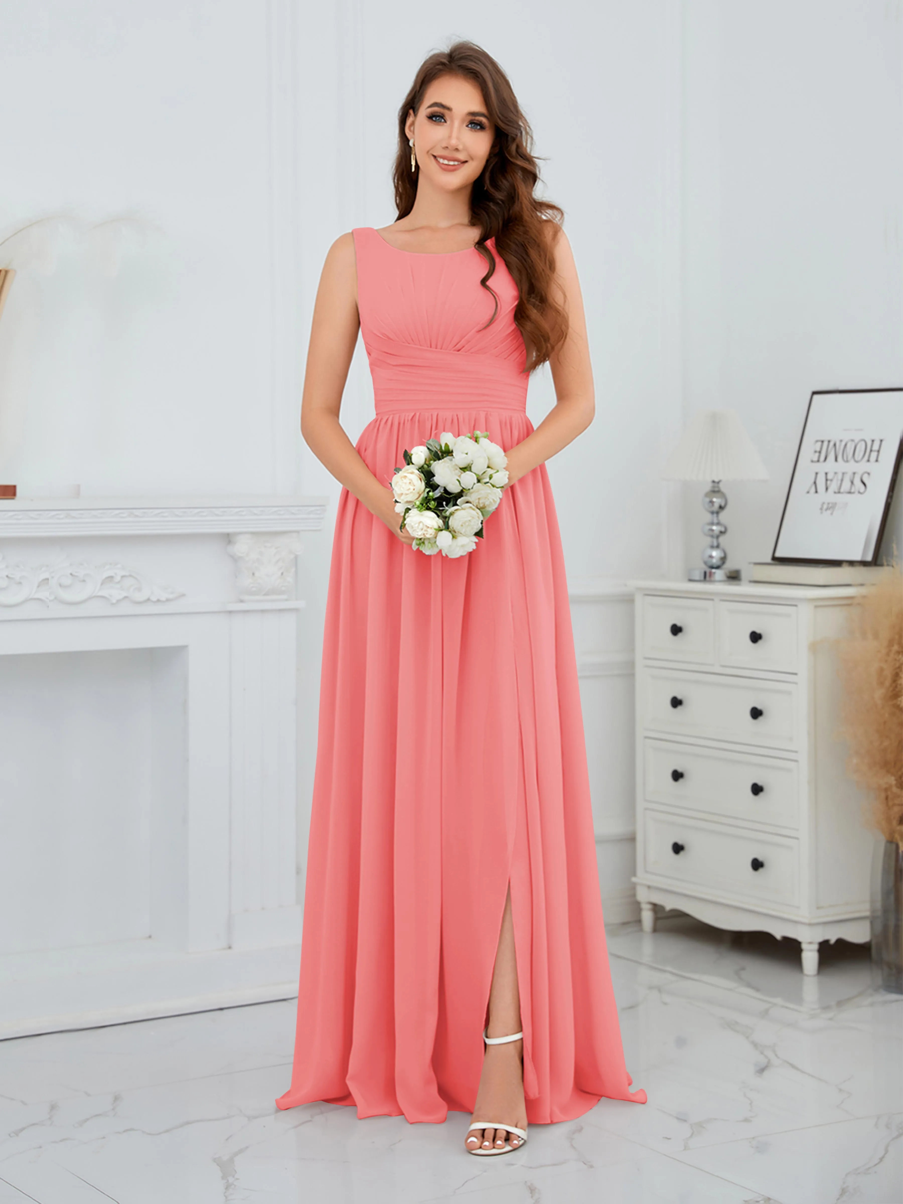 Elaine Chic Scoop Sleeveless Ruched Floor Length Chiffon Bridesmaid Dresses
