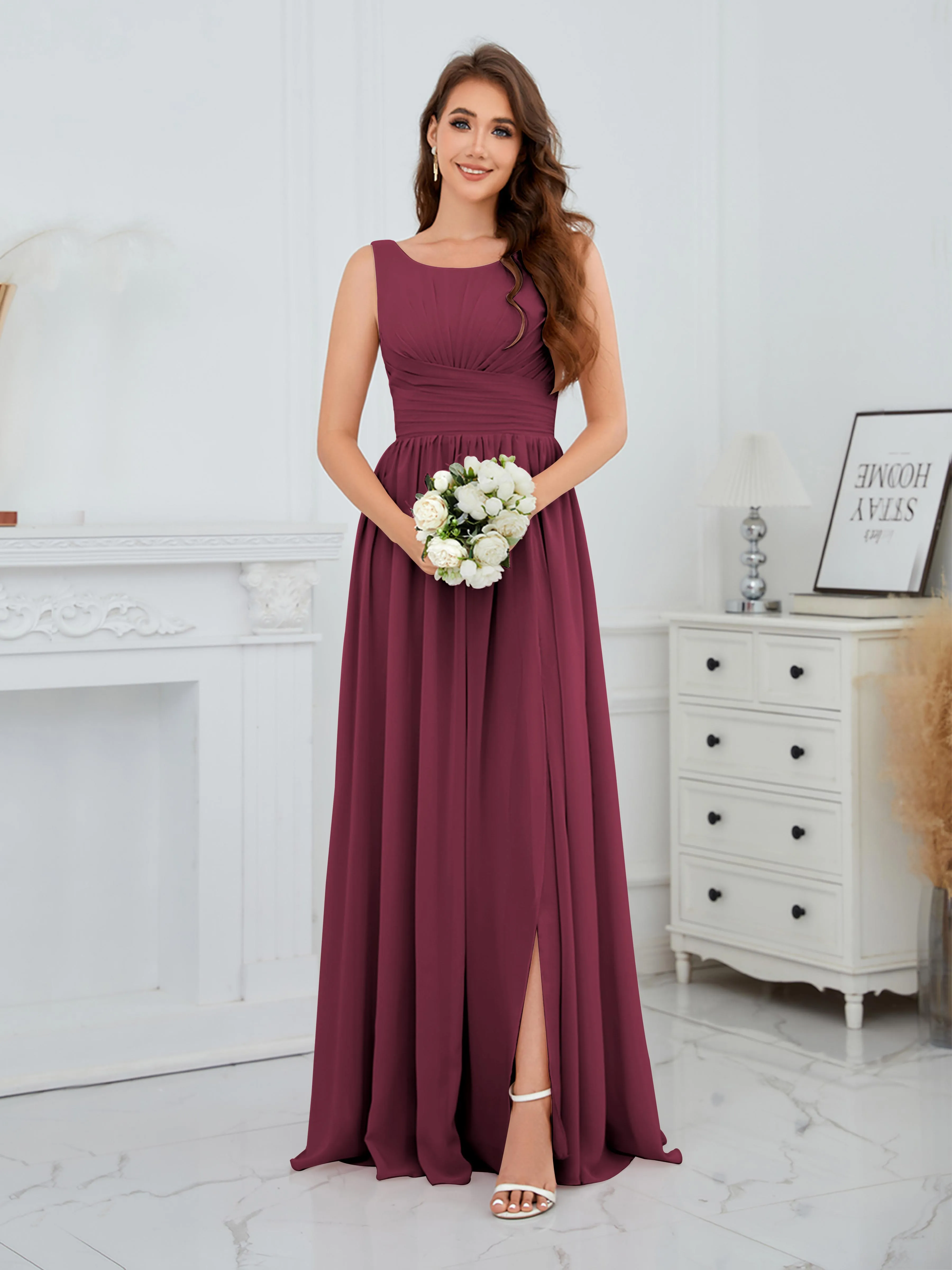 Elaine Chic Scoop Sleeveless Ruched Floor Length Chiffon Bridesmaid Dresses