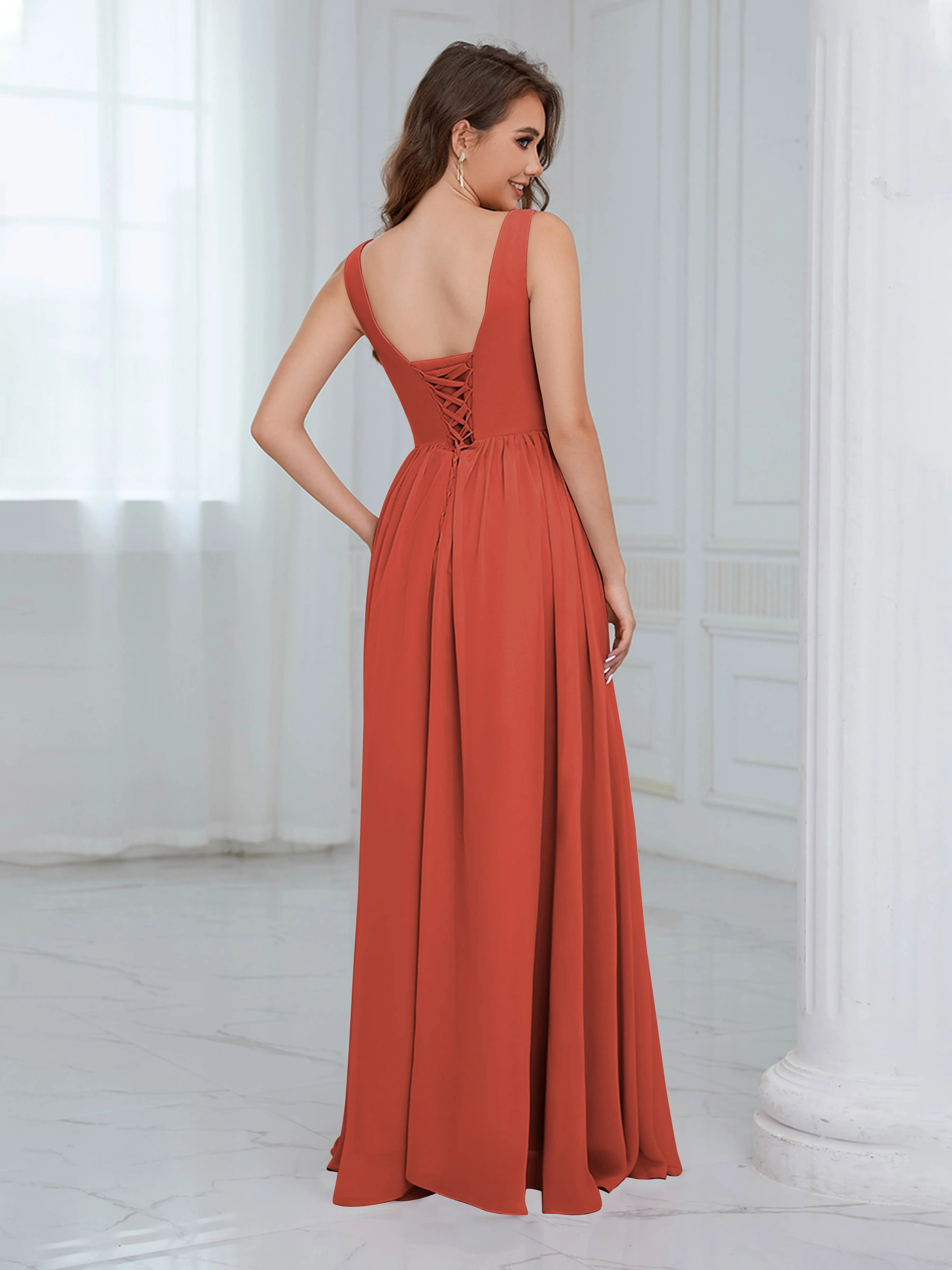 Elaine Chic Scoop Sleeveless Ruched Floor Length Chiffon Bridesmaid Dresses
