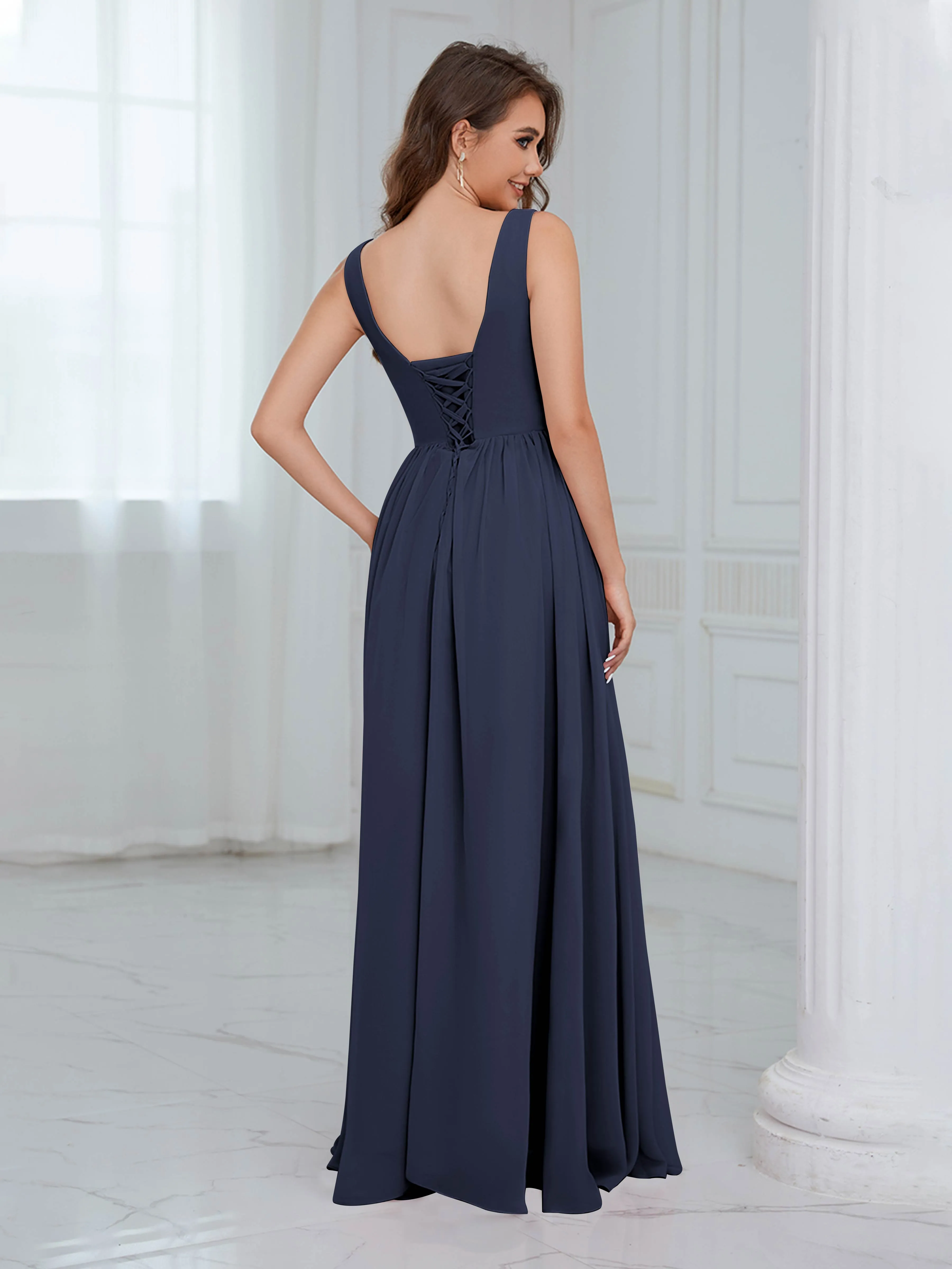 Elaine Chic Scoop Sleeveless Ruched Floor Length Chiffon Bridesmaid Dresses