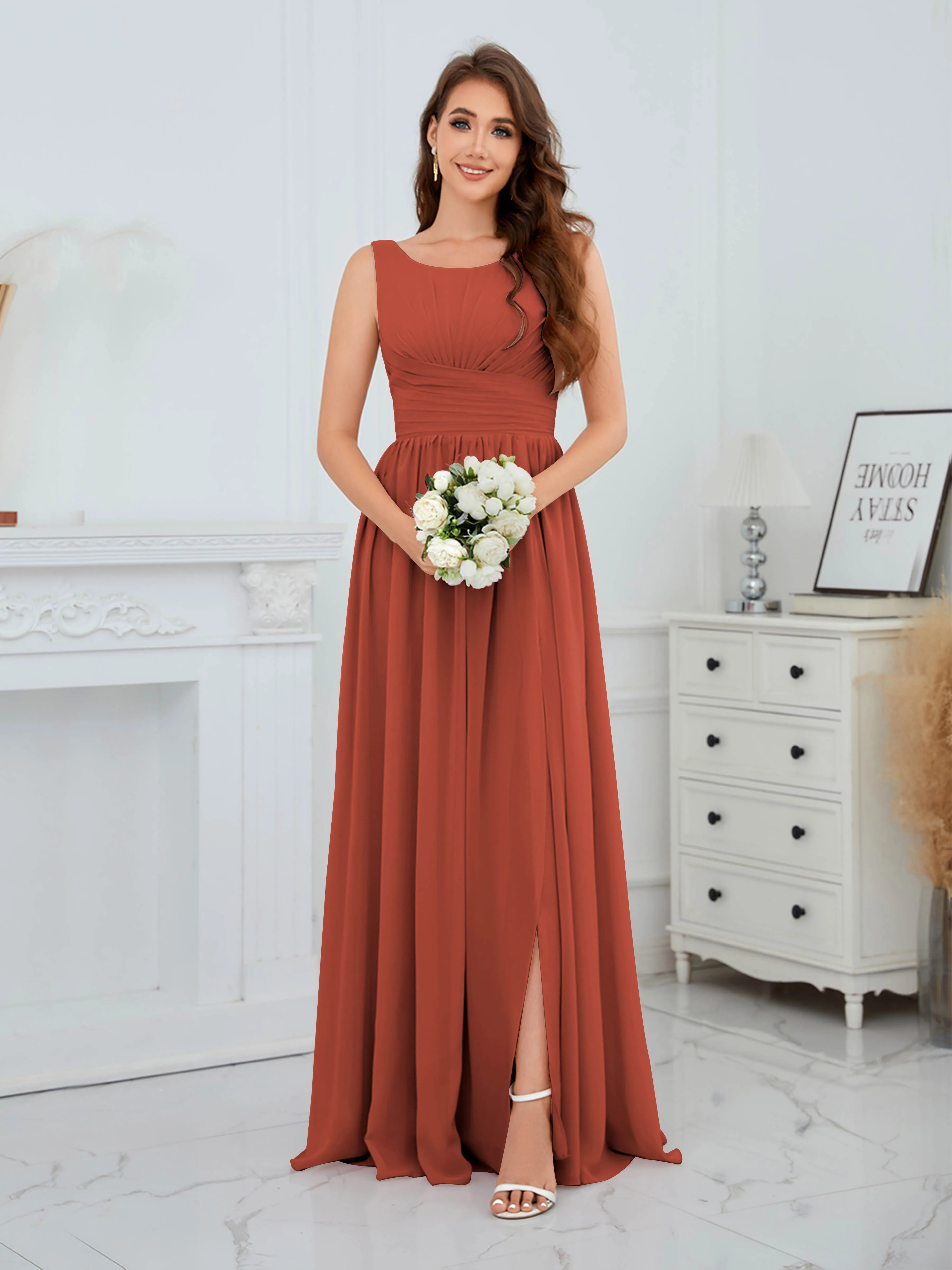 Elaine Chic Scoop Sleeveless Ruched Floor Length Chiffon Bridesmaid Dresses
