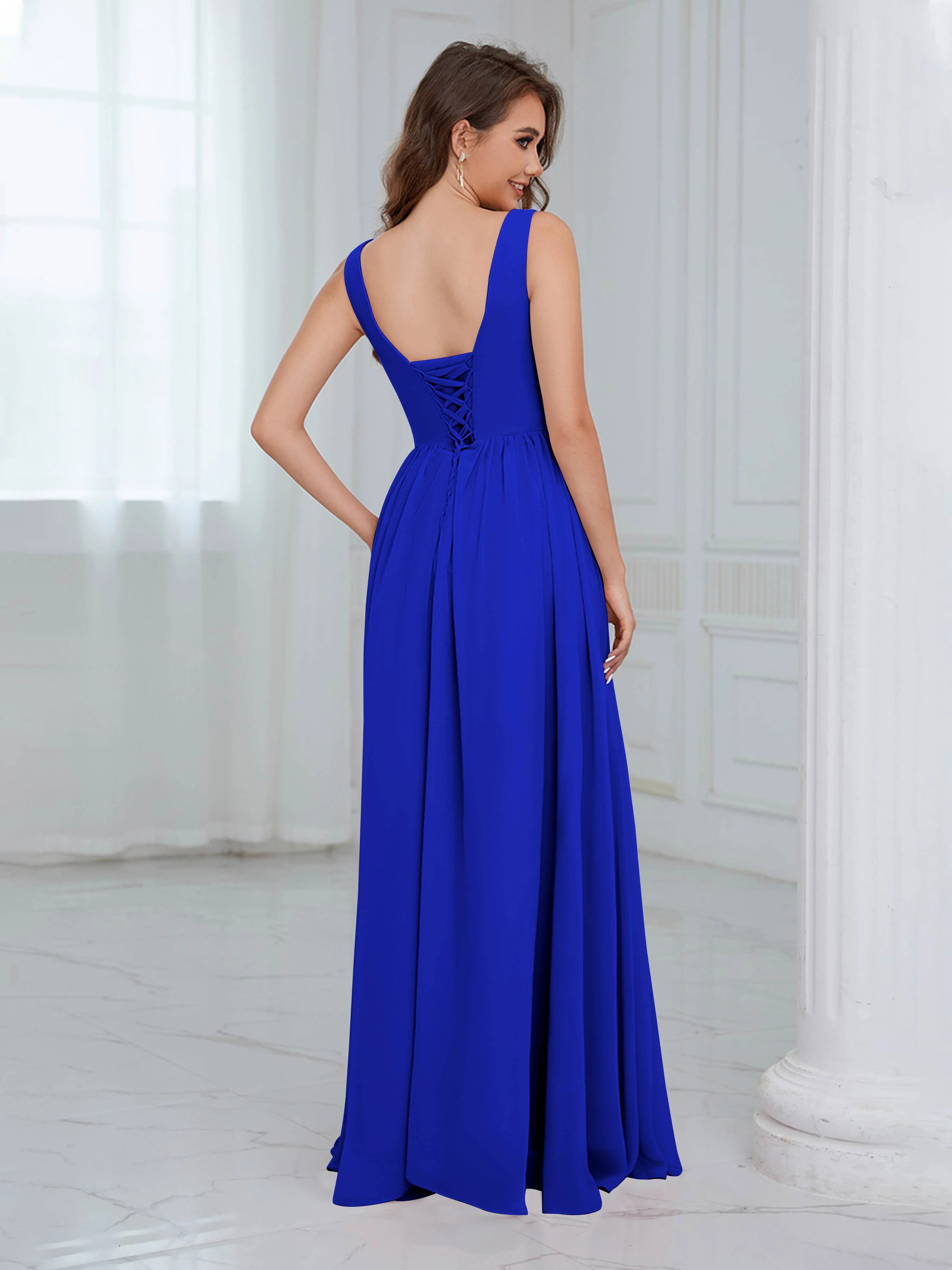 Elaine Chic Scoop Sleeveless Ruched Floor Length Chiffon Bridesmaid Dresses