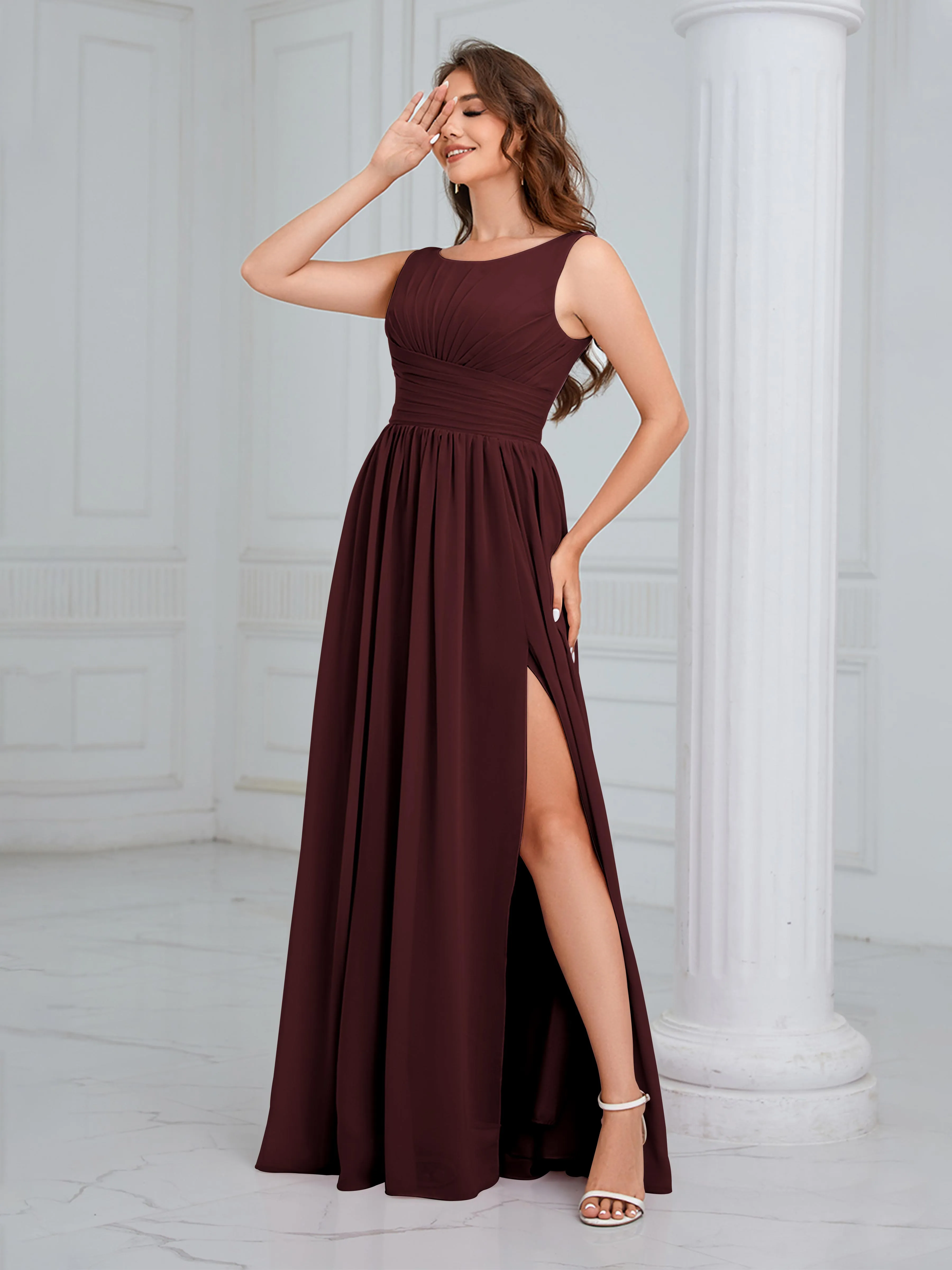 Elaine Chic Scoop Sleeveless Ruched Floor Length Chiffon Bridesmaid Dresses