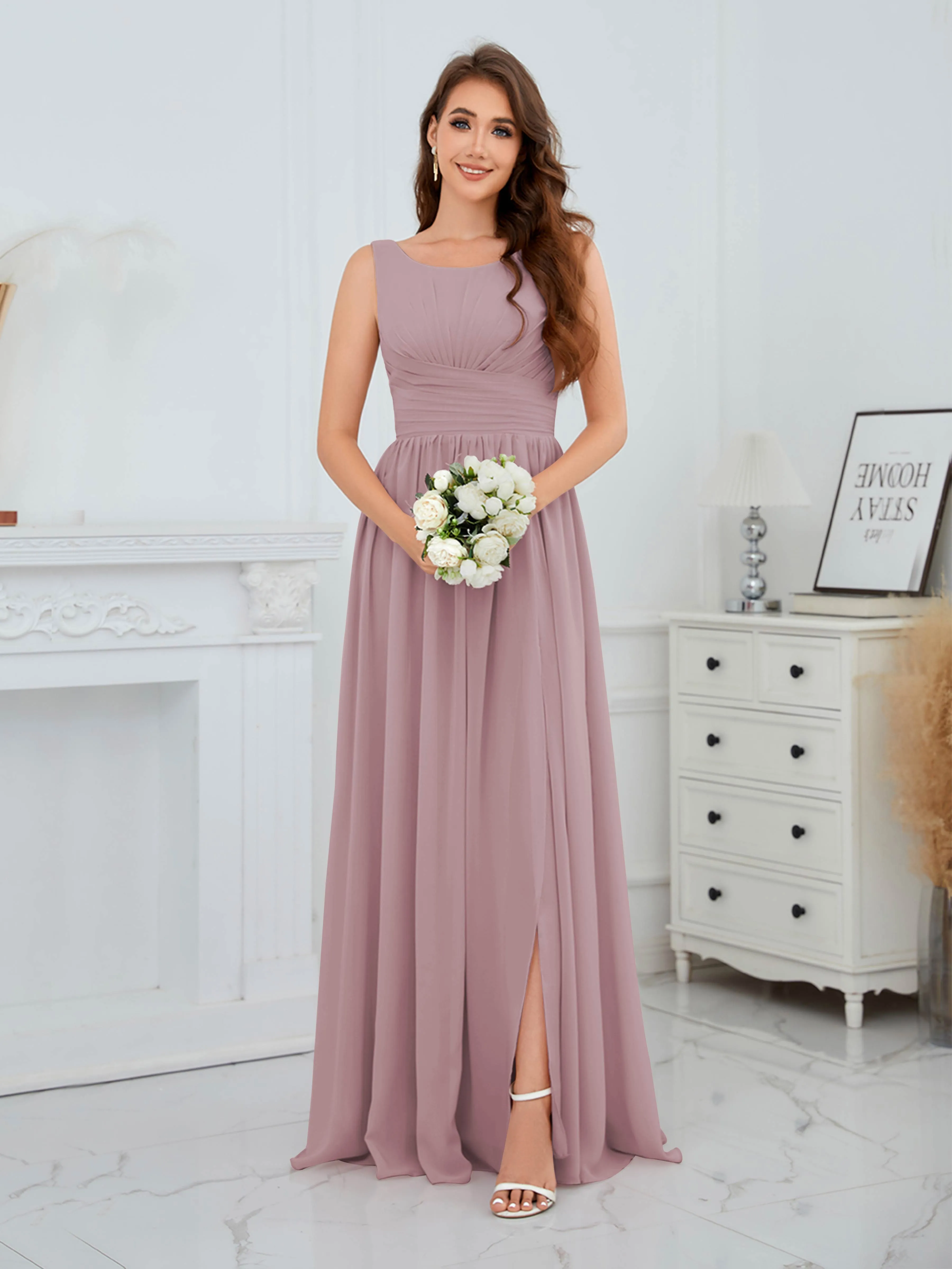 Elaine Chic Scoop Sleeveless Ruched Floor Length Chiffon Bridesmaid Dresses