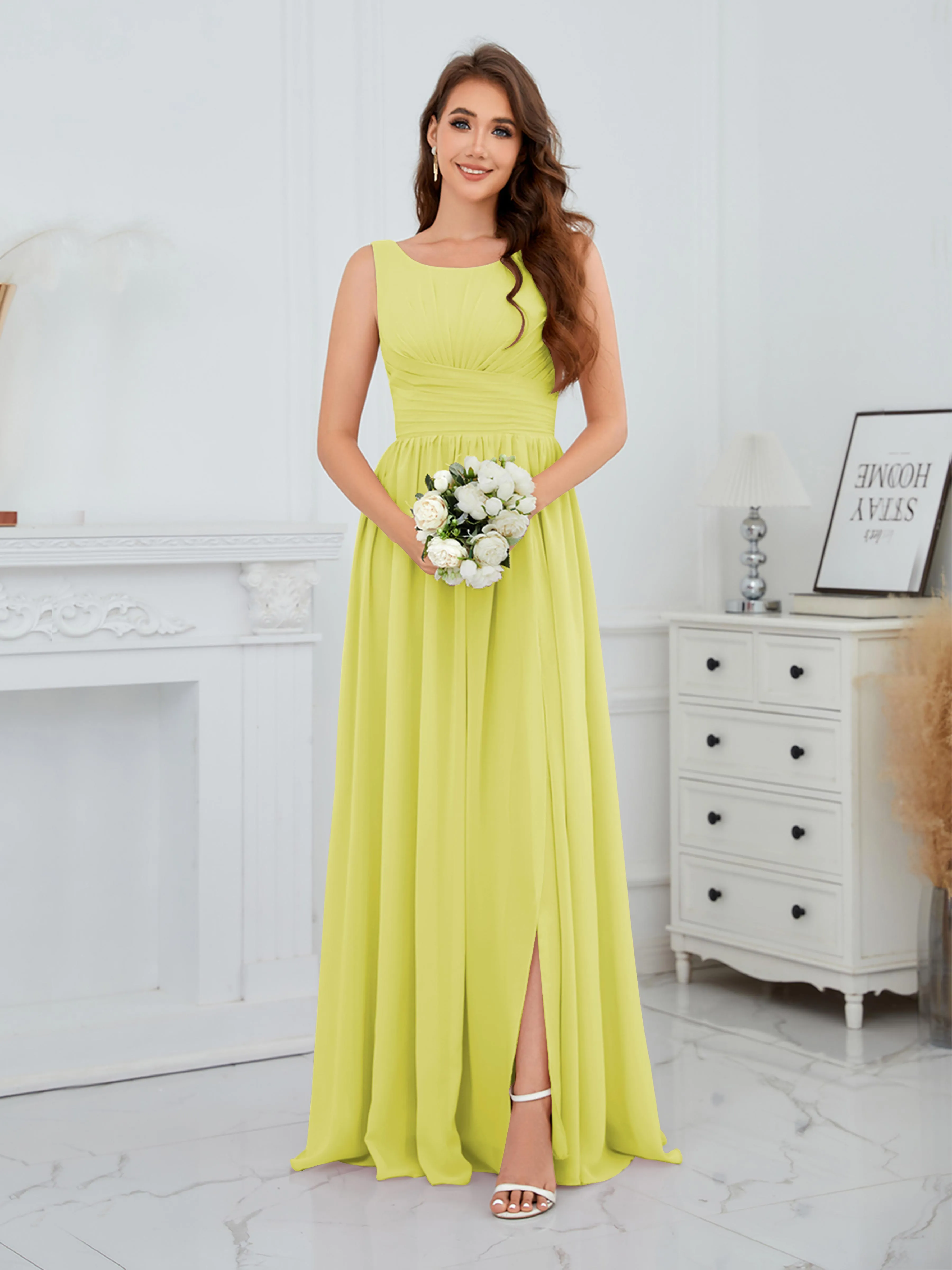 Elaine Chic Scoop Sleeveless Ruched Floor Length Chiffon Bridesmaid Dresses