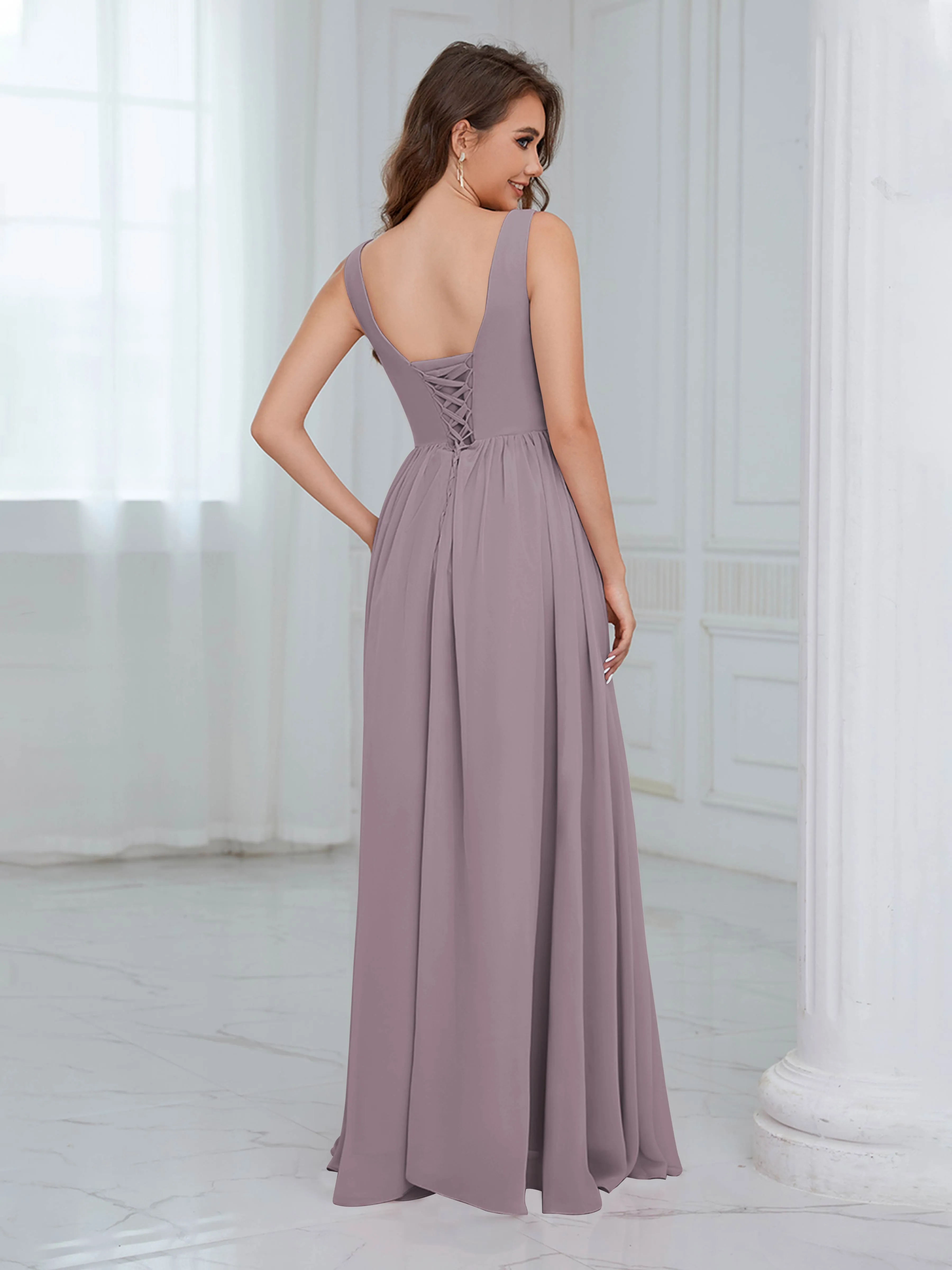 Elaine Chic Scoop Sleeveless Ruched Floor Length Chiffon Bridesmaid Dresses