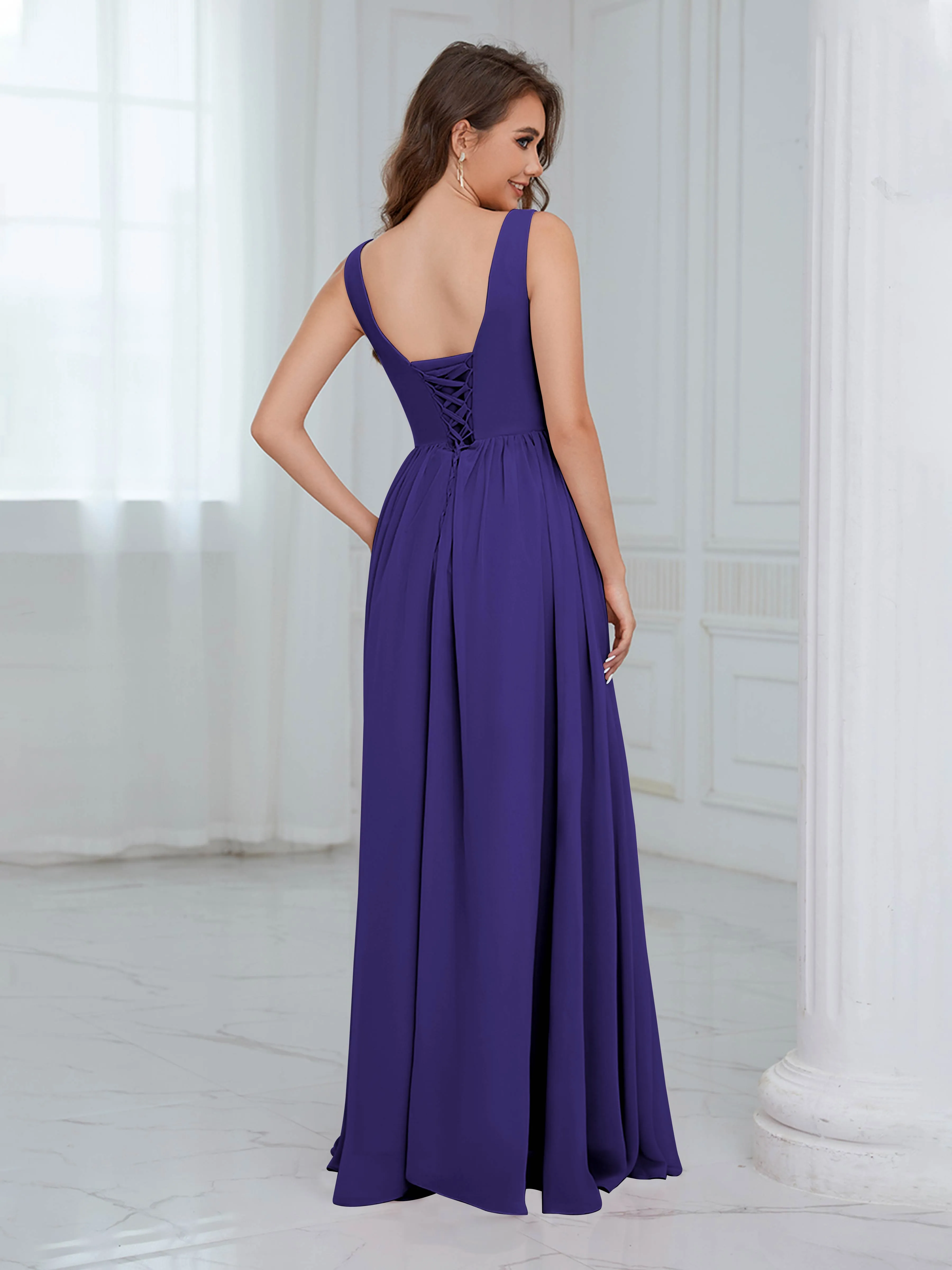 Elaine Chic Scoop Sleeveless Ruched Floor Length Chiffon Bridesmaid Dresses