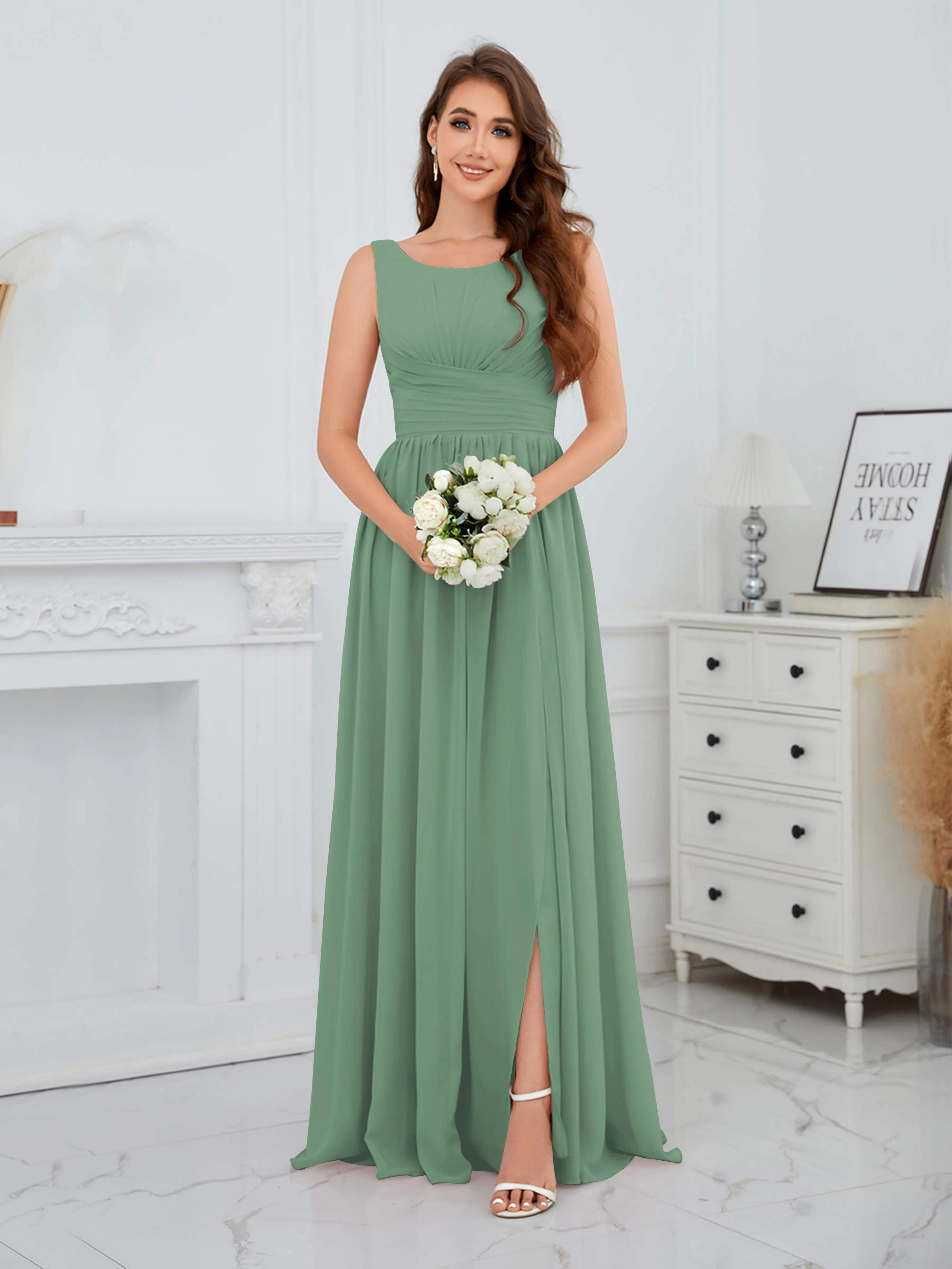 Elaine Chic Scoop Sleeveless Ruched Floor Length Chiffon Bridesmaid Dresses