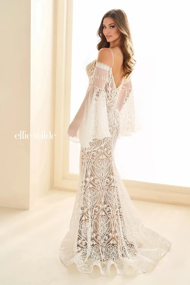 Ellie Wilde EW36030 Boho Mermaid Long Bell Sleeve Dress Bridal Evening Reception sheer Corset