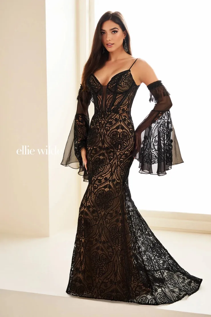 Ellie Wilde EW36030 Boho Mermaid Long Bell Sleeve Dress Bridal Evening Reception sheer Corset