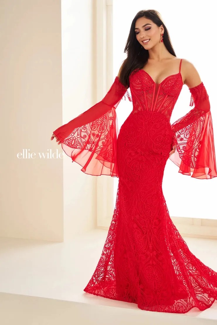 Ellie Wilde EW36030 Boho Mermaid Long Bell Sleeve Dress Bridal Evening Reception sheer Corset