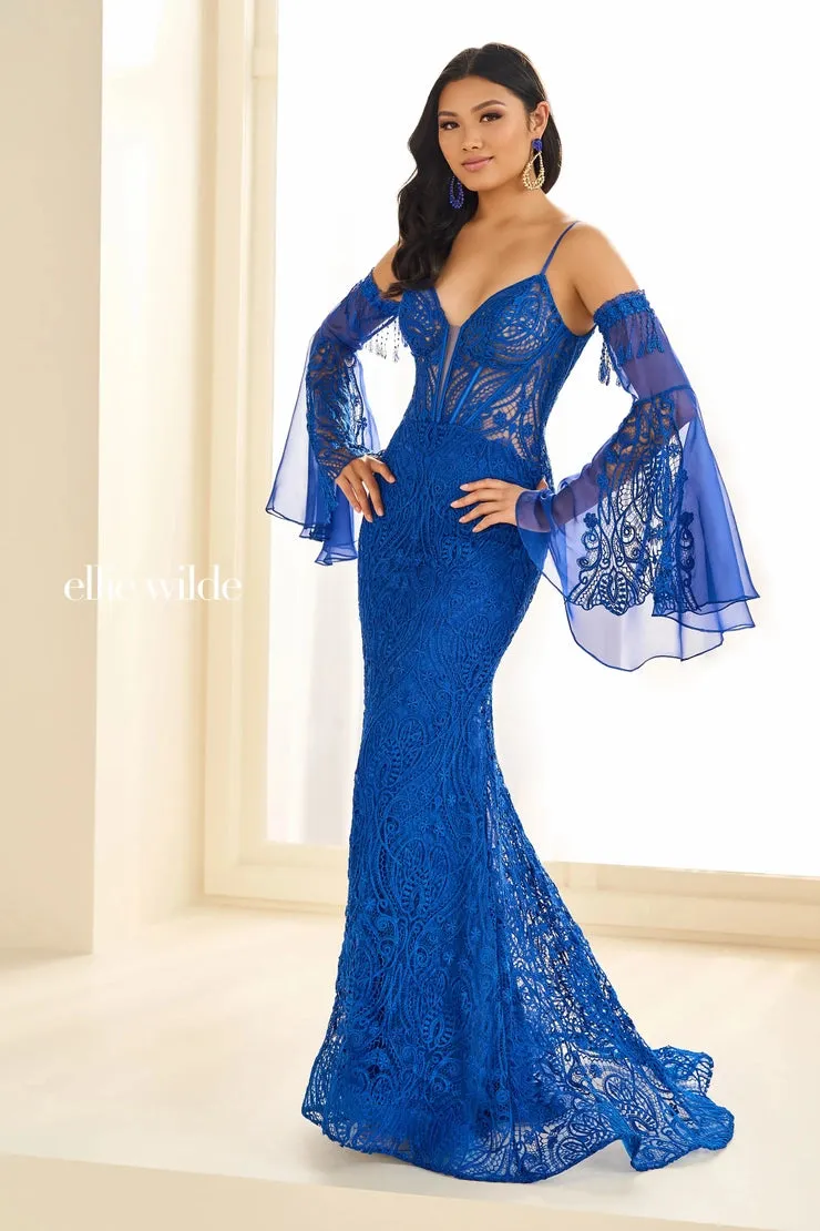 Ellie Wilde EW36030 Boho Mermaid Long Bell Sleeve Dress Bridal Evening Reception sheer Corset