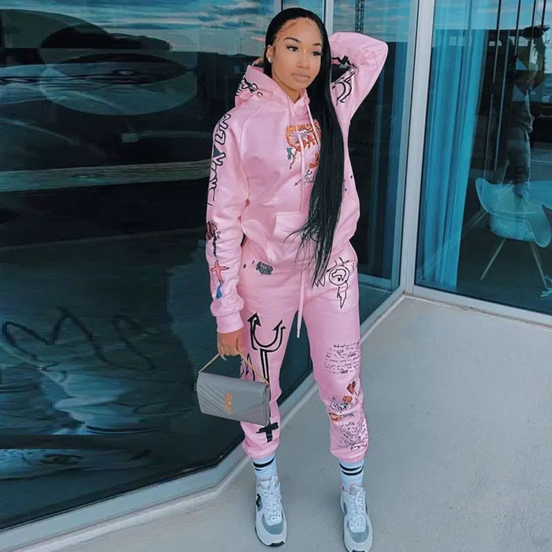Fashionkova  Graffiti Streetwear Winter Warm Two Piece Set Women Tracksuit Female Hoodies Pants Women Matching Sets Outfits Sweatsuit