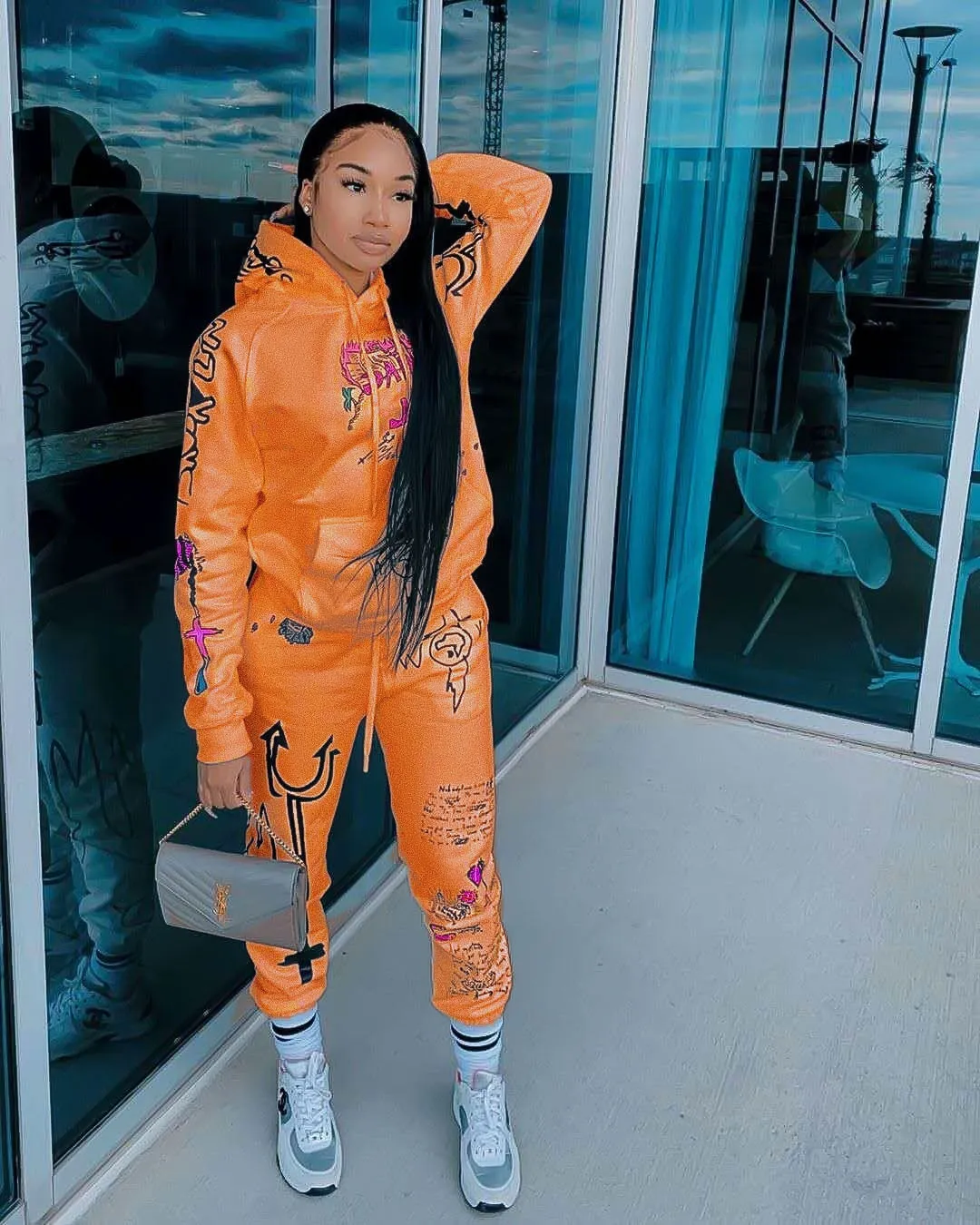 Fashionkova  Graffiti Streetwear Winter Warm Two Piece Set Women Tracksuit Female Hoodies Pants Women Matching Sets Outfits Sweatsuit