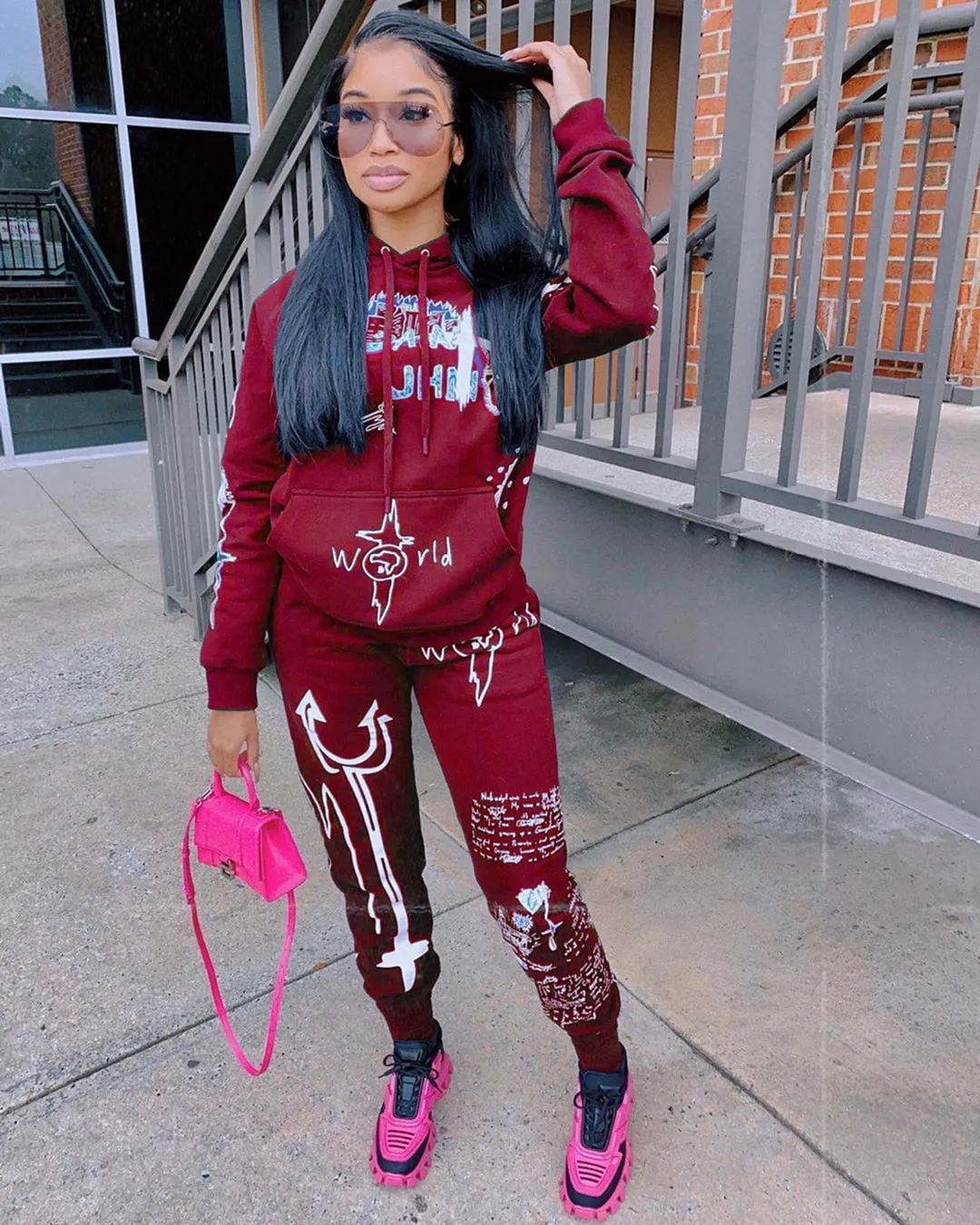 Fashionkova  Graffiti Streetwear Winter Warm Two Piece Set Women Tracksuit Female Hoodies Pants Women Matching Sets Outfits Sweatsuit