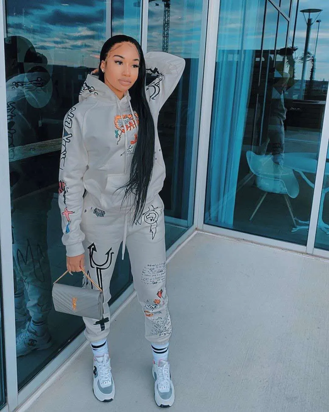 Fashionkova  Graffiti Streetwear Winter Warm Two Piece Set Women Tracksuit Female Hoodies Pants Women Matching Sets Outfits Sweatsuit