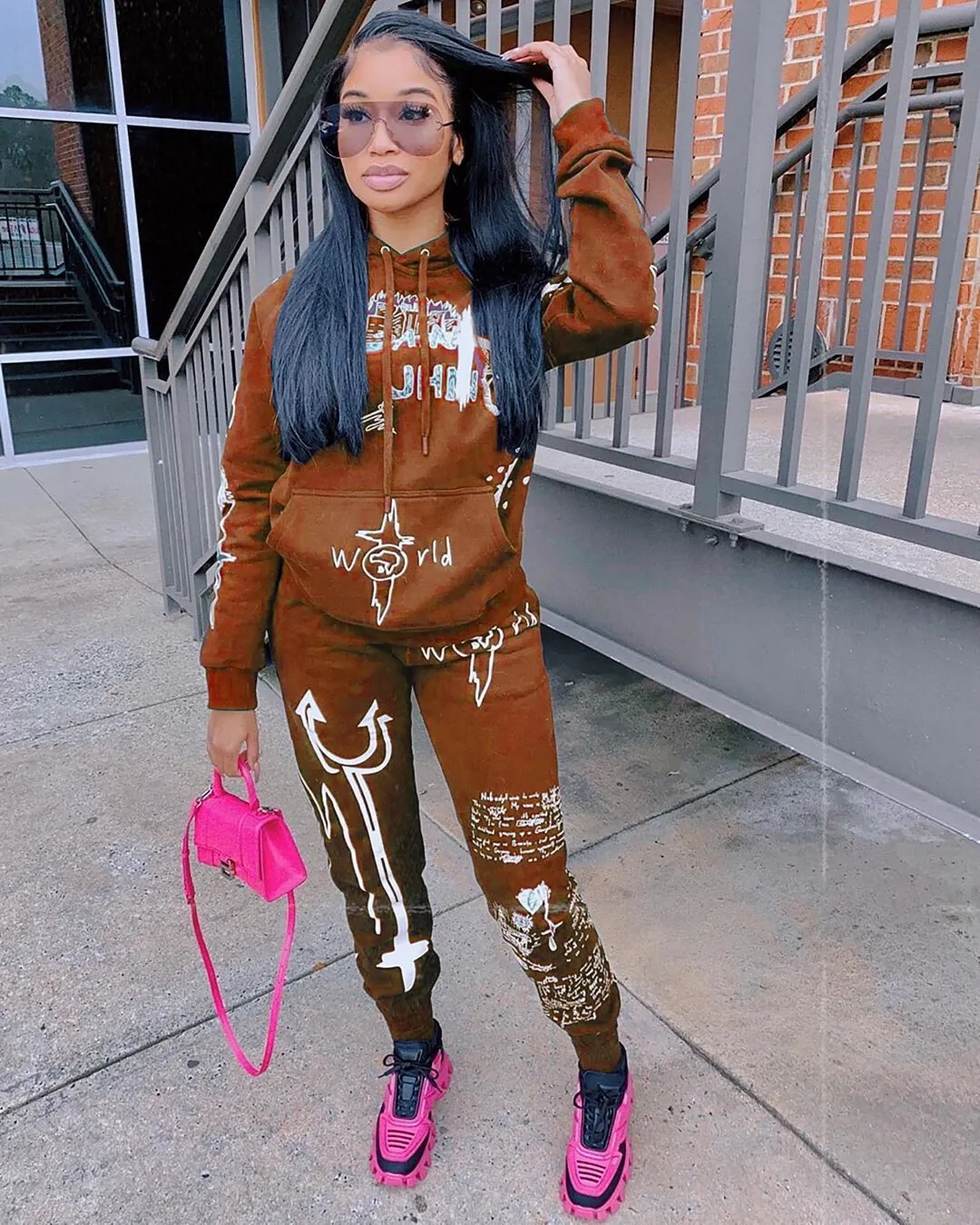 Fashionkova  Graffiti Streetwear Winter Warm Two Piece Set Women Tracksuit Female Hoodies Pants Women Matching Sets Outfits Sweatsuit