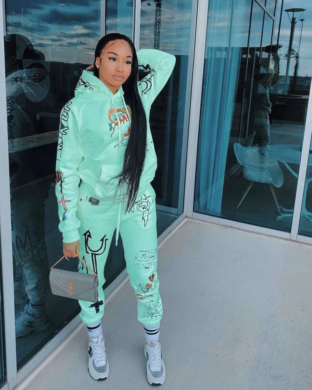 Fashionkova  Graffiti Streetwear Winter Warm Two Piece Set Women Tracksuit Female Hoodies Pants Women Matching Sets Outfits Sweatsuit