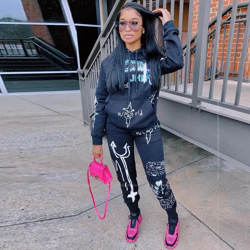 Fashionkova  Graffiti Streetwear Winter Warm Two Piece Set Women Tracksuit Female Hoodies Pants Women Matching Sets Outfits Sweatsuit