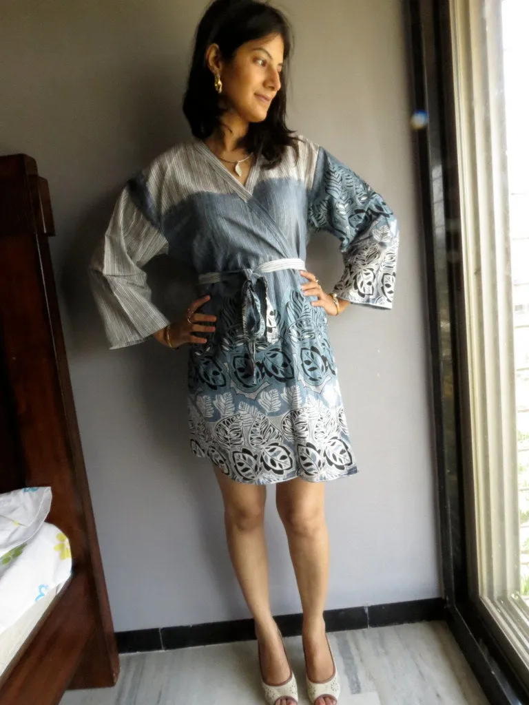 Gray Striped Knee Length, Kimono Crossover Belted Robe