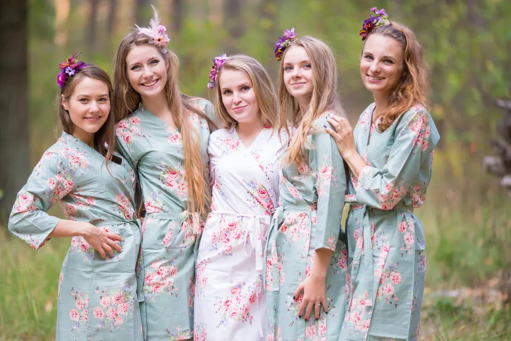 Grayed Jade Faded Flowers Pattern Bridesmaids Robes