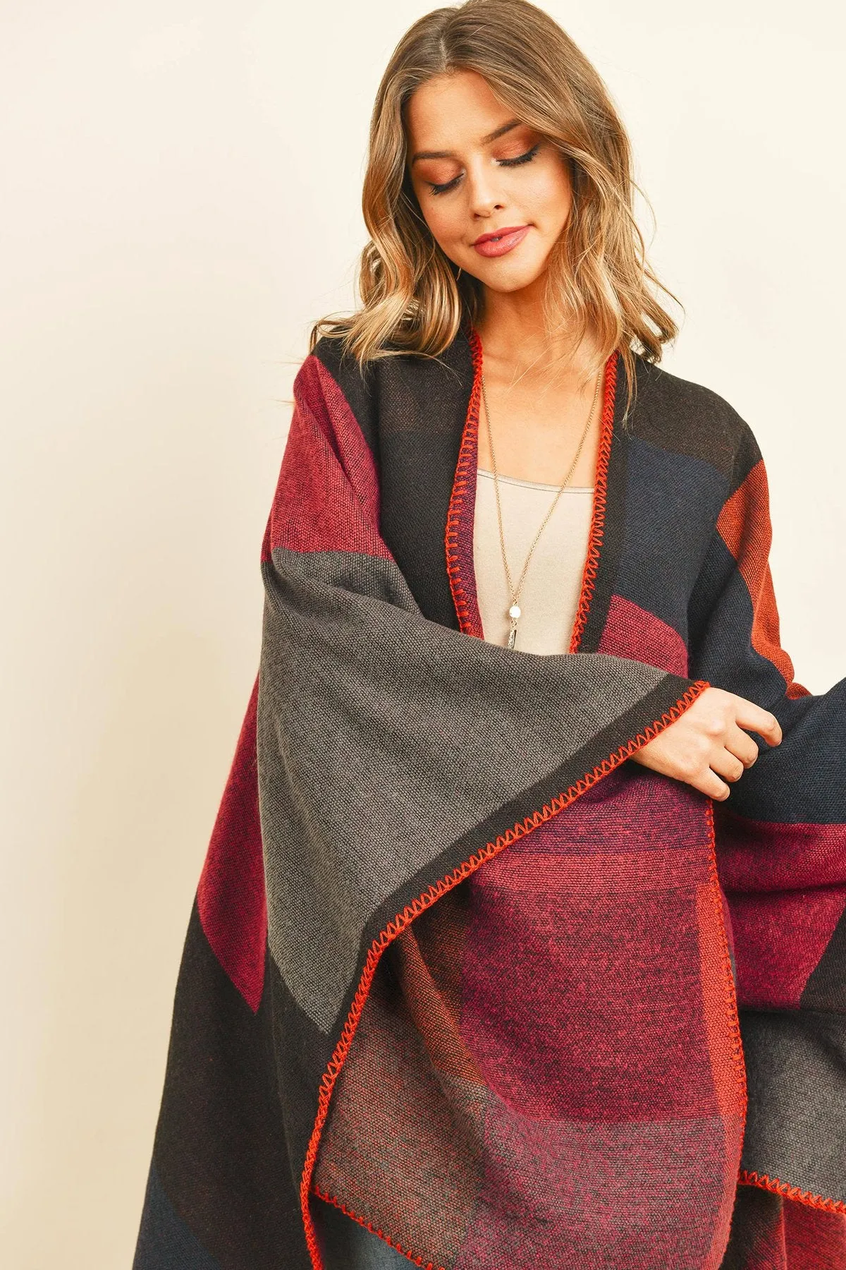 Hdf3151bu - Burgundy Plaid Open Front Kimono