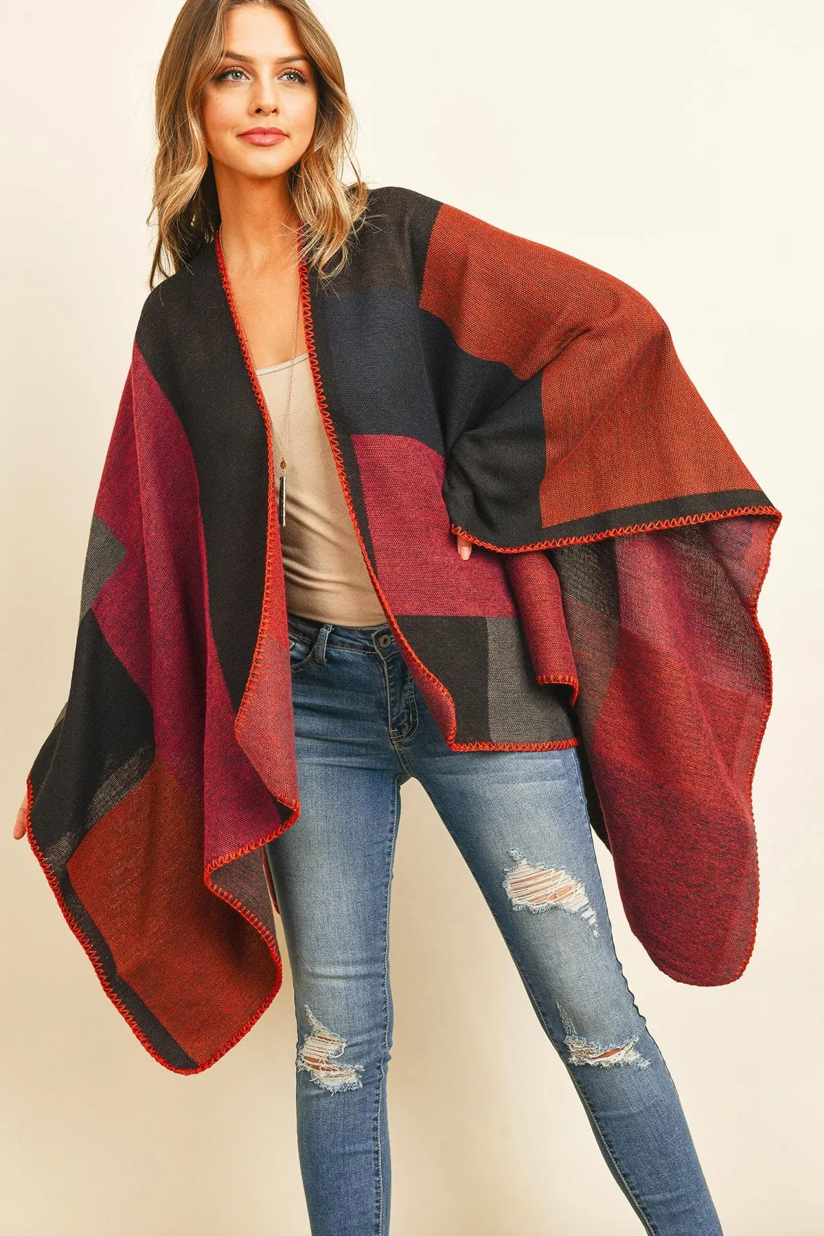 Hdf3151bu - Burgundy Plaid Open Front Kimono