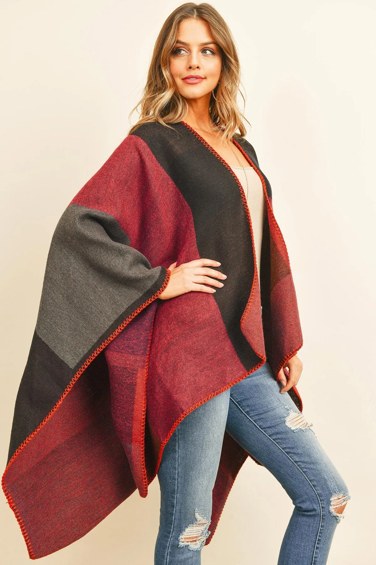 Hdf3151bu - Burgundy Plaid Open Front Kimono