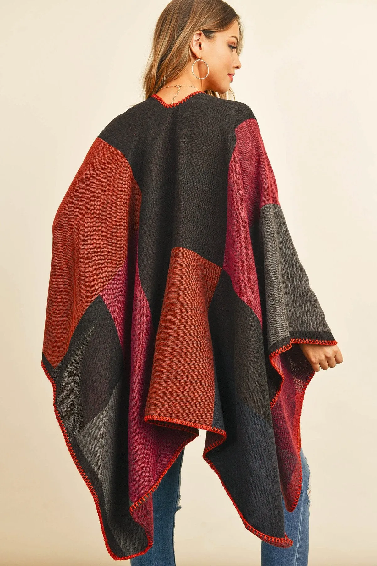 Hdf3151bu - Burgundy Plaid Open Front Kimono