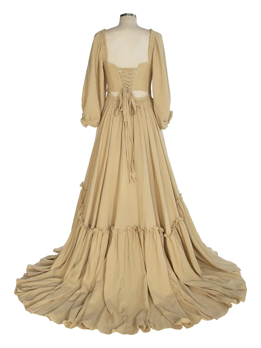 Long Sleeves Elastic Back Waist Woman Cotton Maxi Dress Photoshoot Dresses for Ladies YW231072